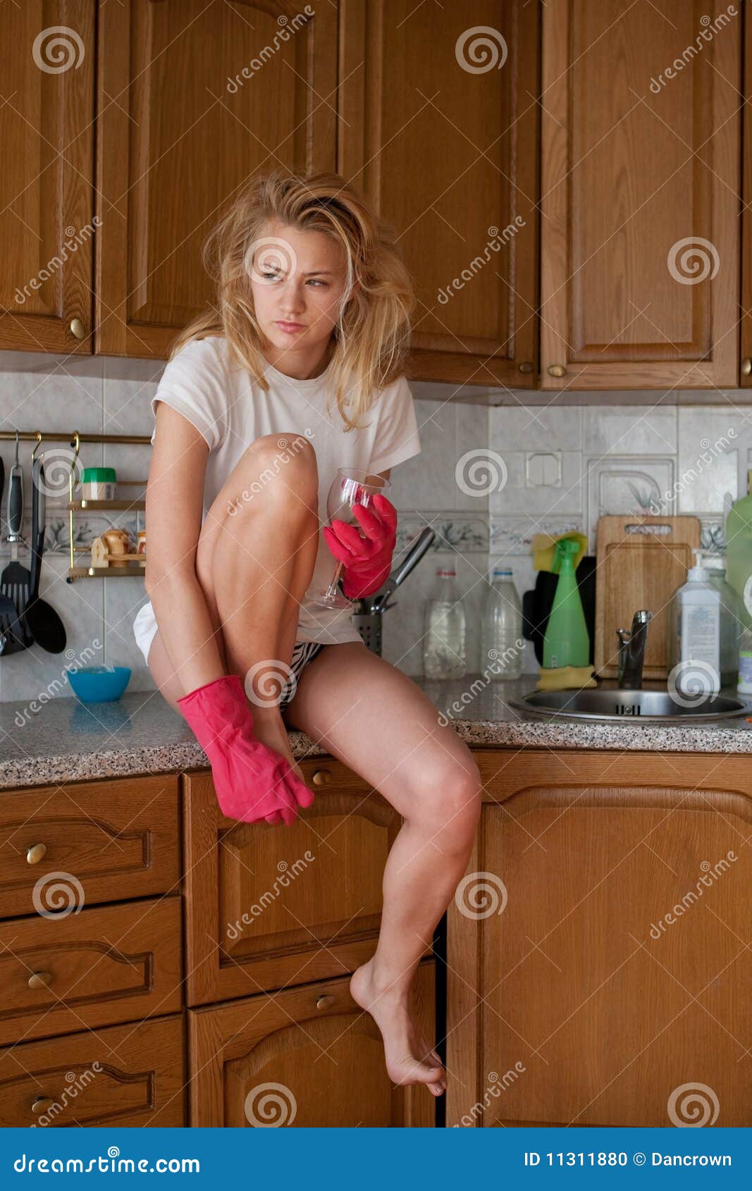 Caucasian Housewife on Kitchen in Morning Stock Ph