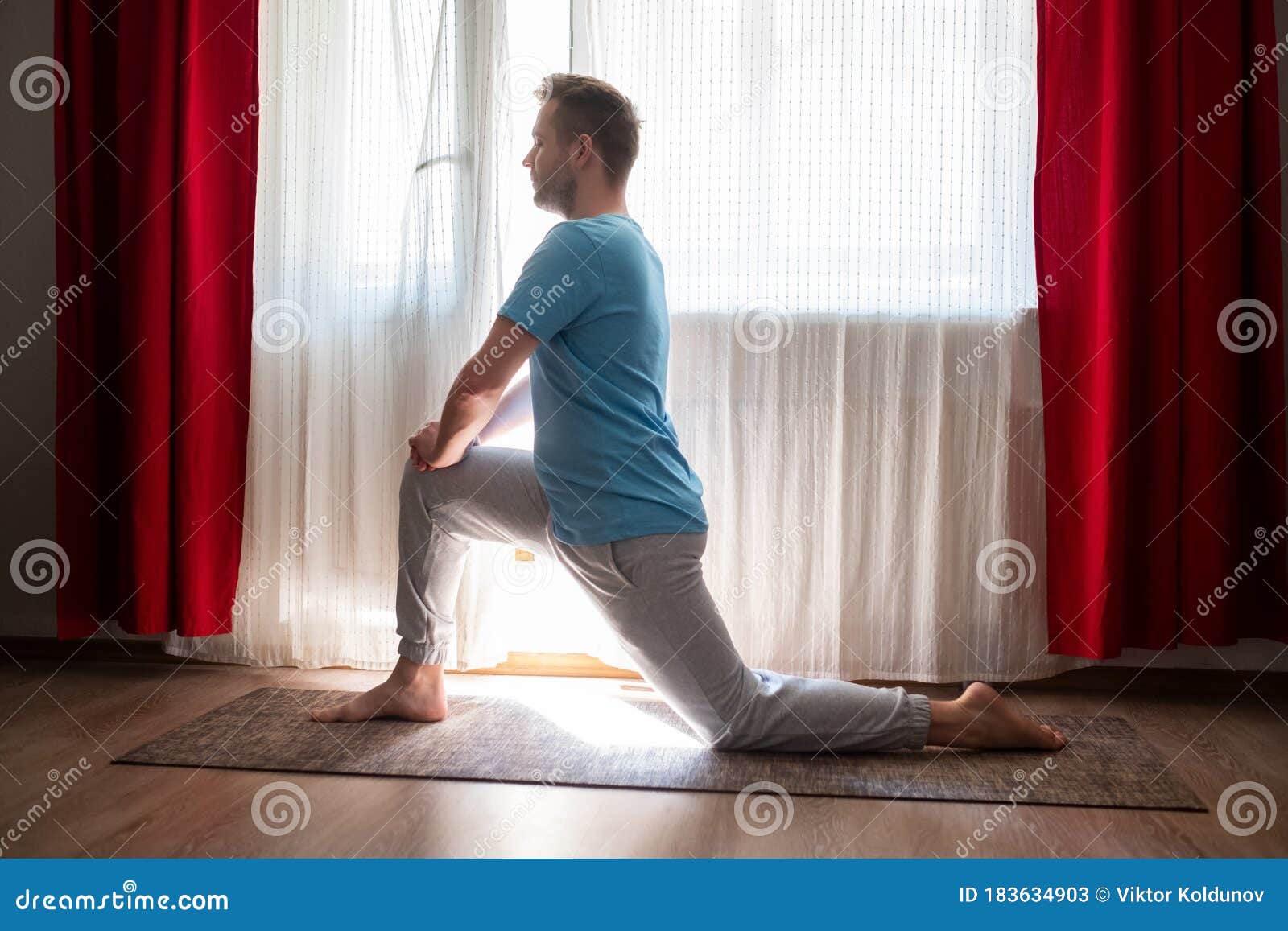 Caucasian Man In Anjaneyasana One Leg Lunge Pose Practicing Online At Home Stock Image Image Of Gymnastics Heterosexual 183634903