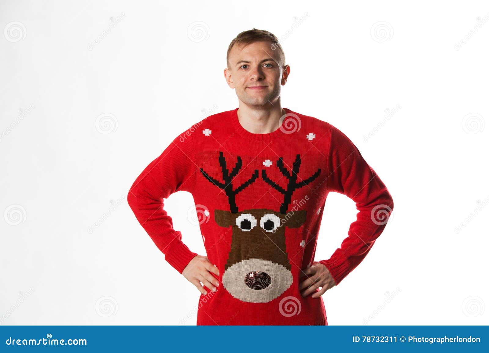 caucasian man with hand on hips whilst wearing a christmas jumper