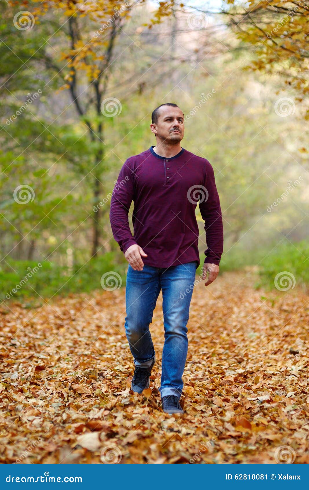 Caucasian man walking in the forest. Caucasian man taking a walk in the forest, autumnal landscape