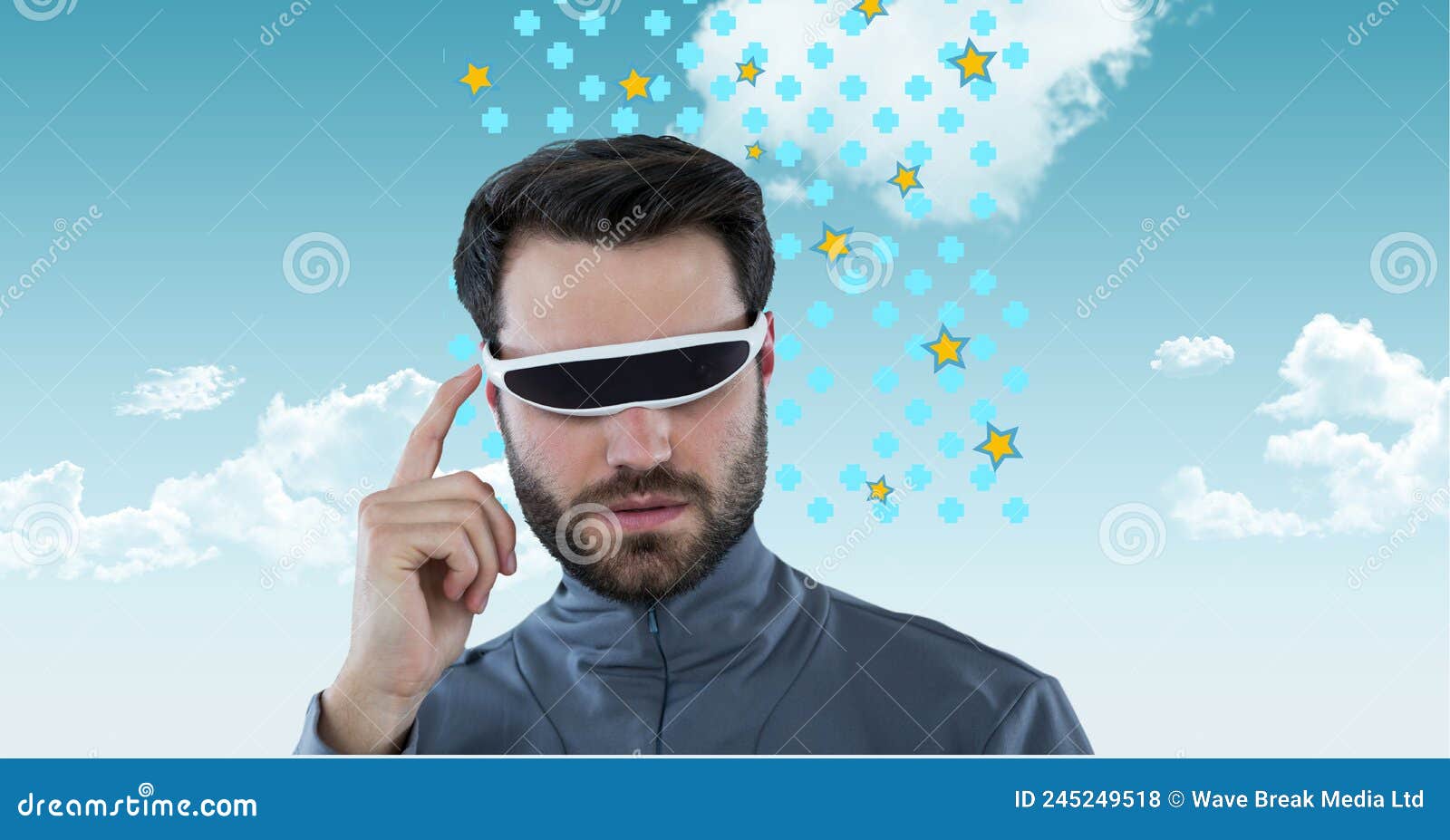 caucasian man wearing vr googles against clouds in blue sky with copy space