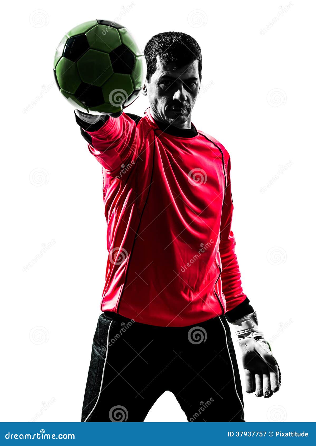 caucasian soccer player goalkeeper man stopping ball one hand s