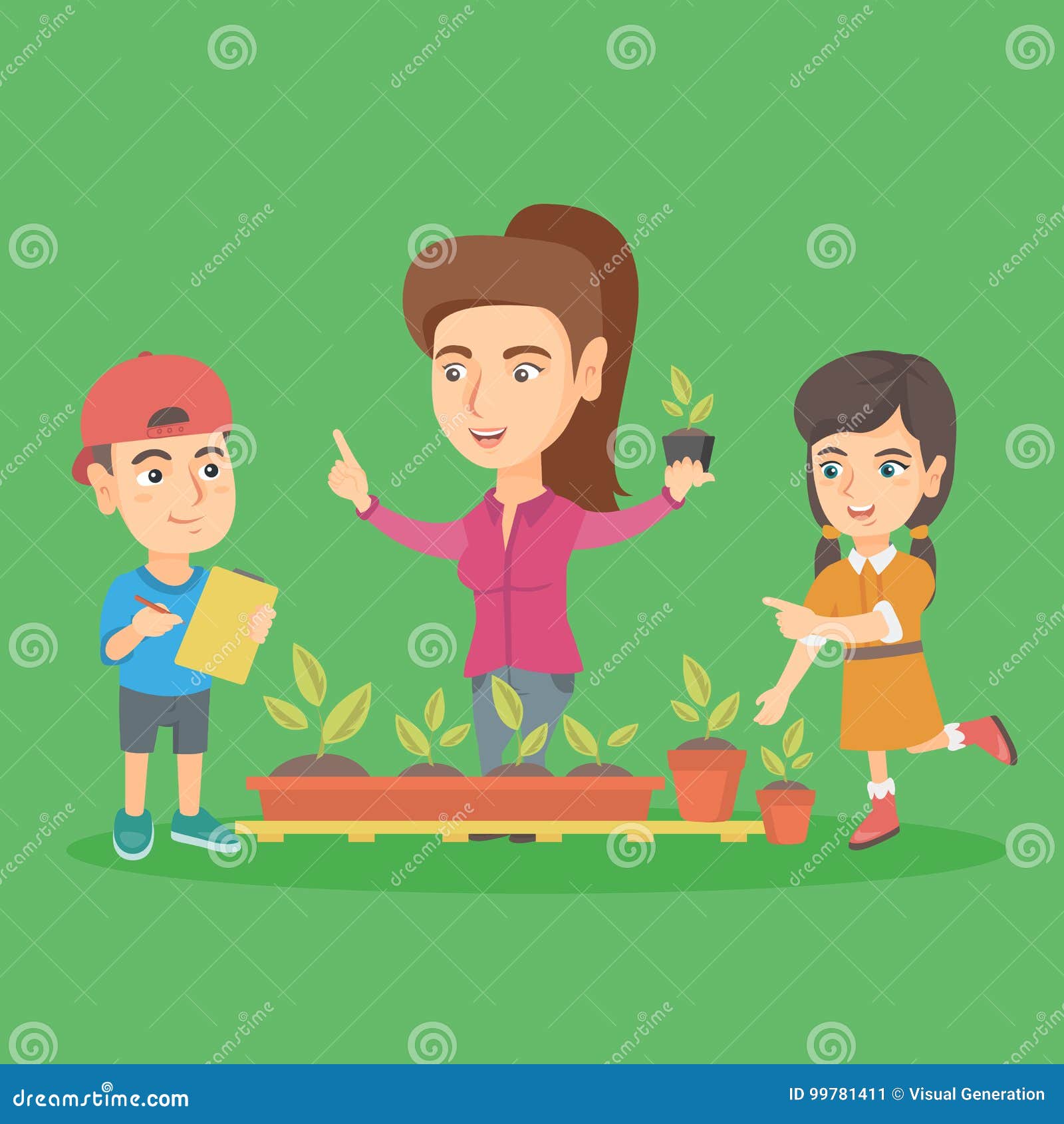 Caucasian Teacher and School Kids Planting Sprouts Stock Vector ...