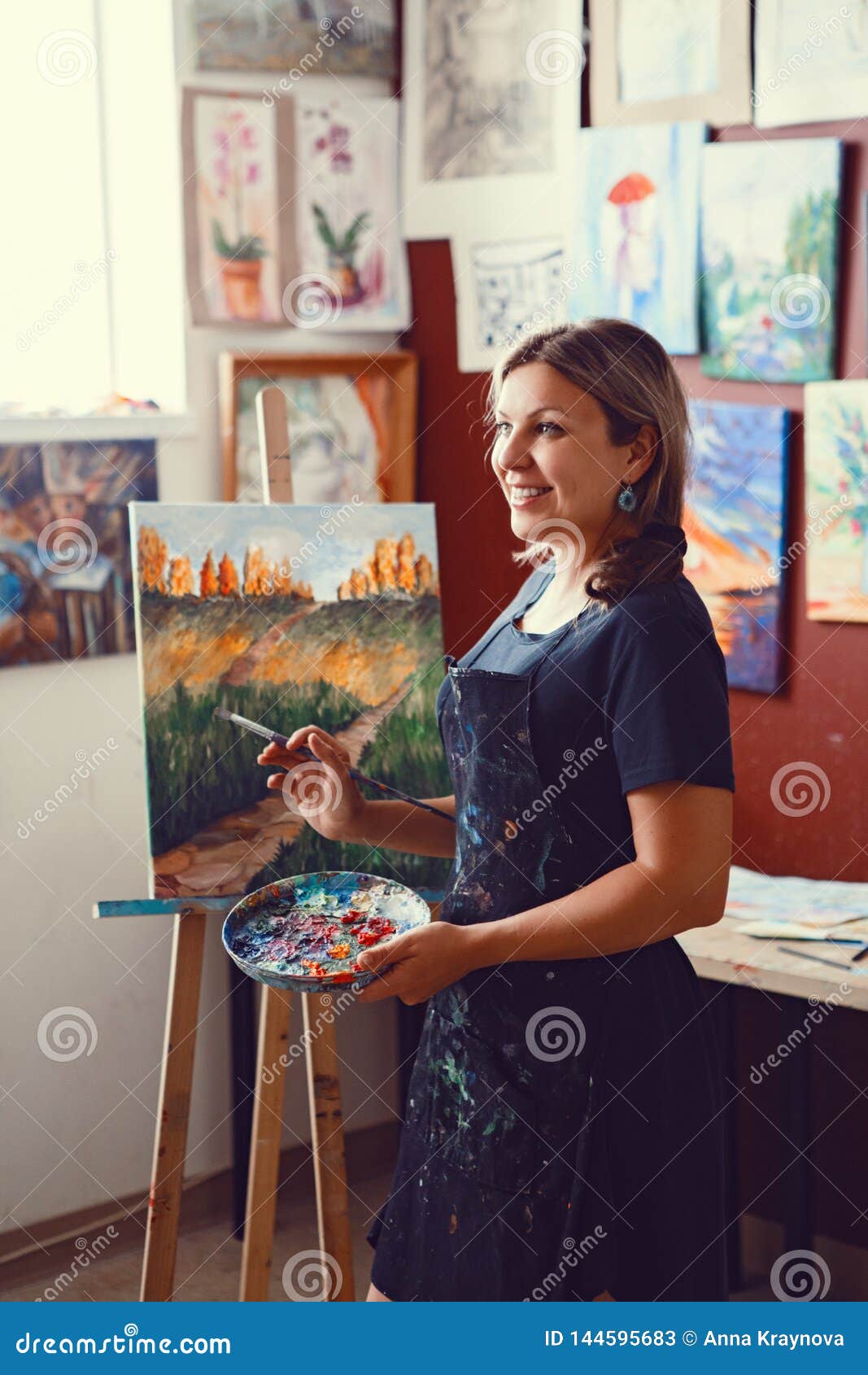 Caucasian Woman Artist Drawing Painting In Art Studio