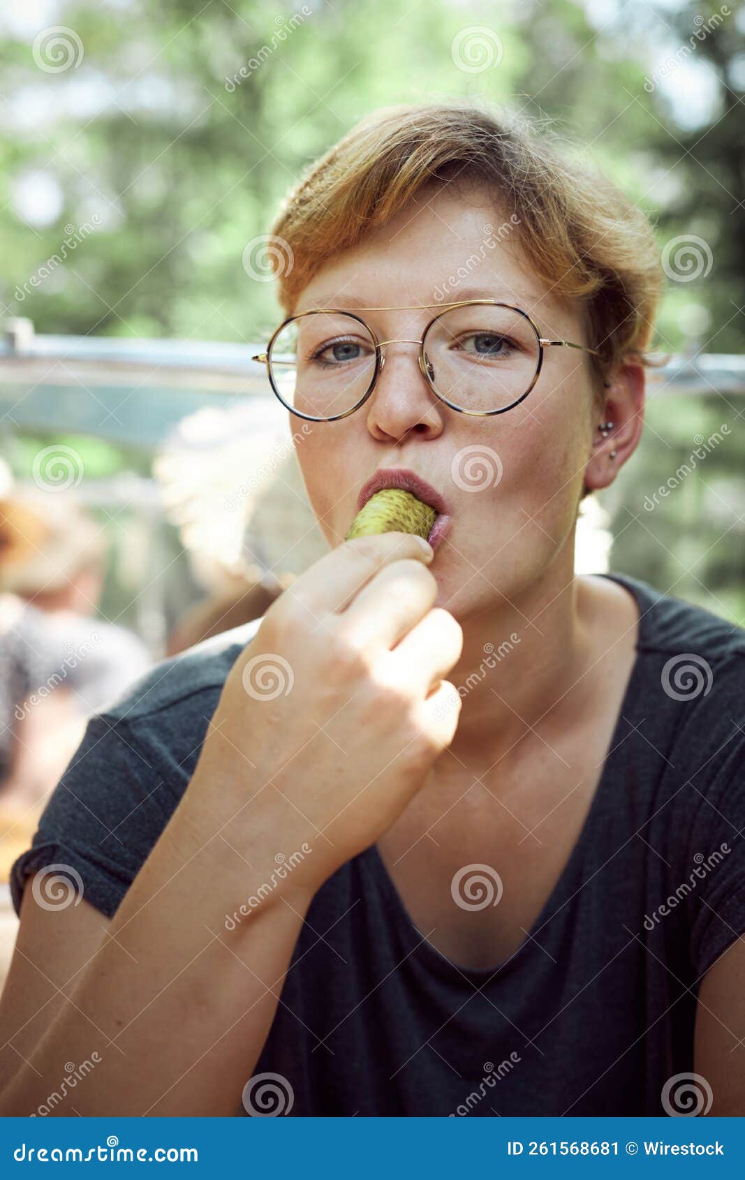 Caucasian Woman Eating Pickle Stock Image Image of girl, happy 261568681