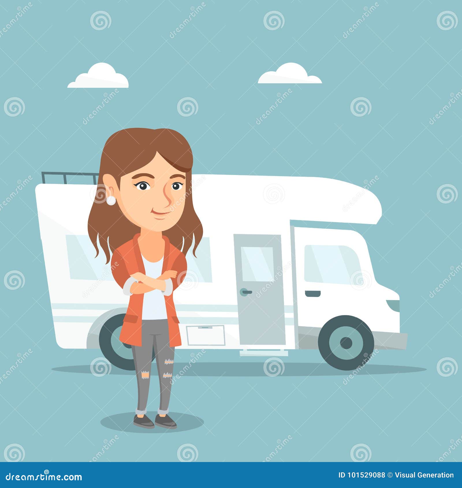 Caucasian Woman Standing in Front of Motorhome. Stock Vector ...