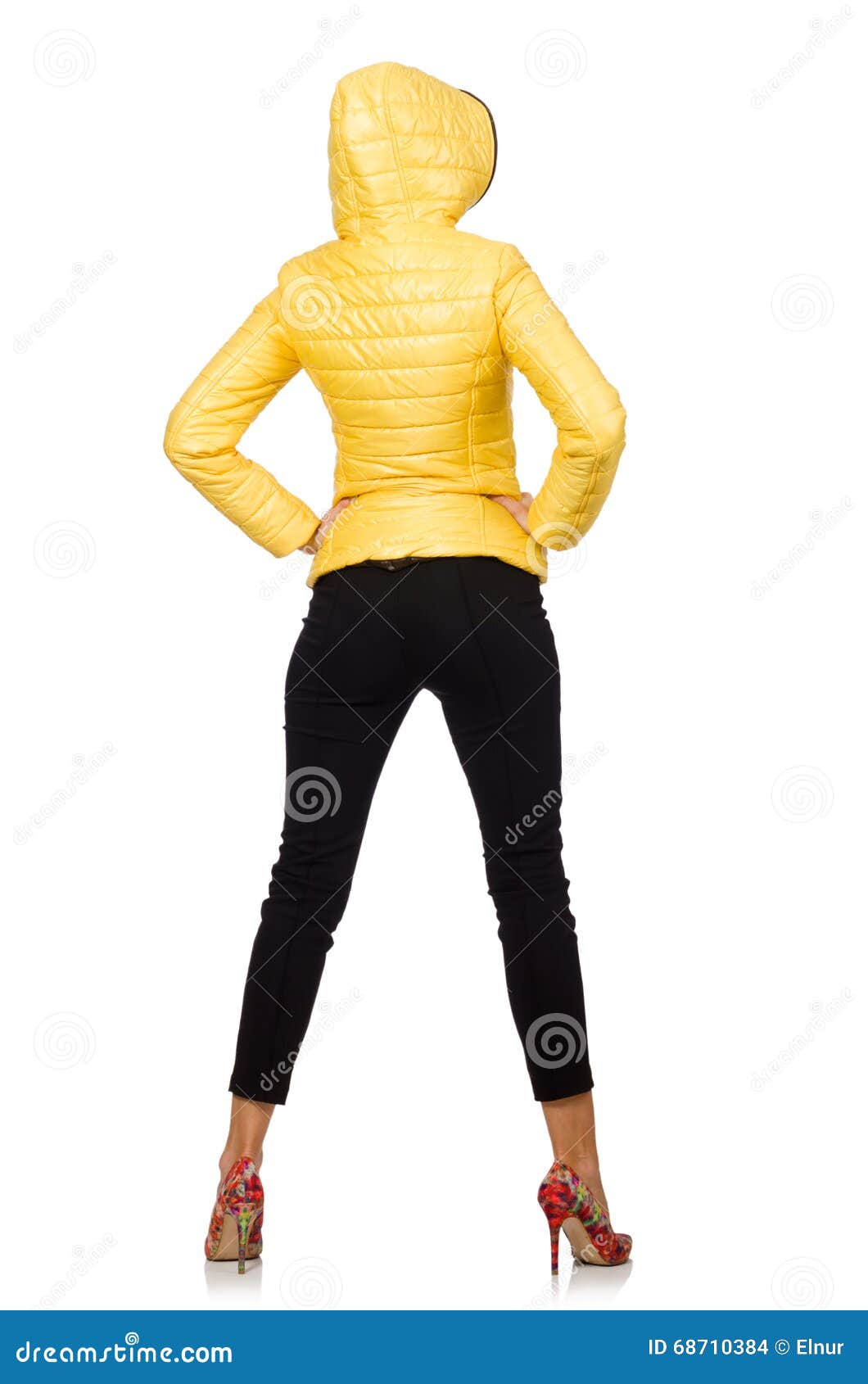 The Caucasian Woman in Yellow Jacket Isolated on White Stock Photo