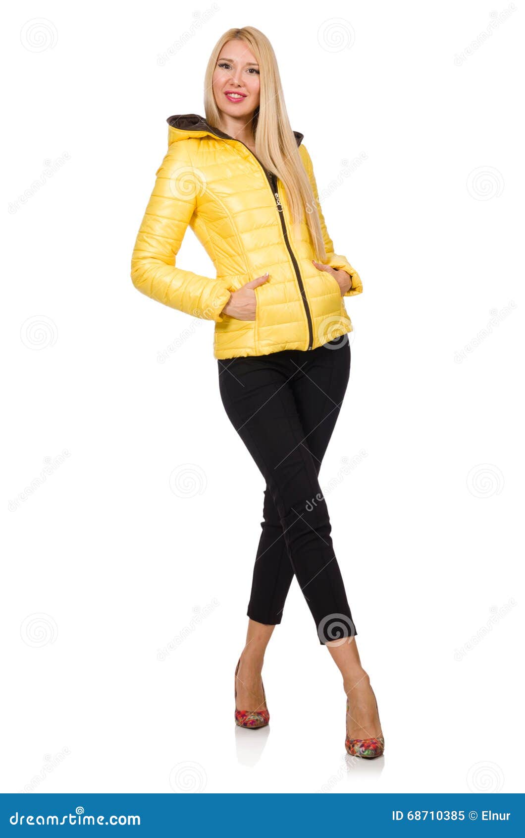 The Caucasian Woman in Yellow Jacket Isolated on White Stock Image