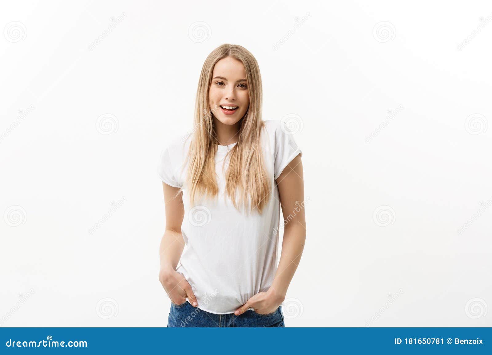 Caucasian Young Confident Woman. Model White T-shirt Isolated on White ...