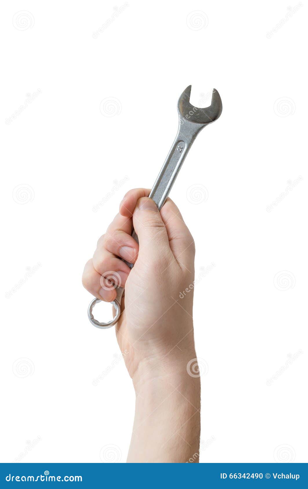 caucasians man's hand holds spanner or wrench. maintenance concept