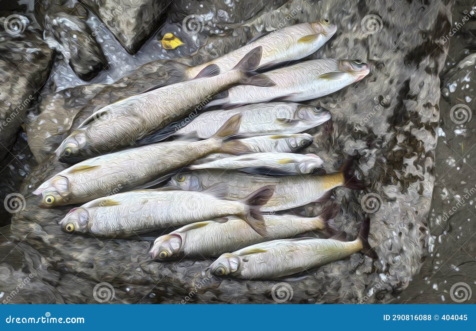 Caught Fish on a Stone with Open Mouths. Hunting, Fishing, Food