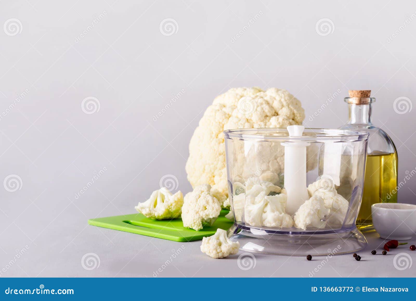 Cauliflower Head and Blender. Ingredients for Cooking Cauliflower Rice Stock Photo Image of
