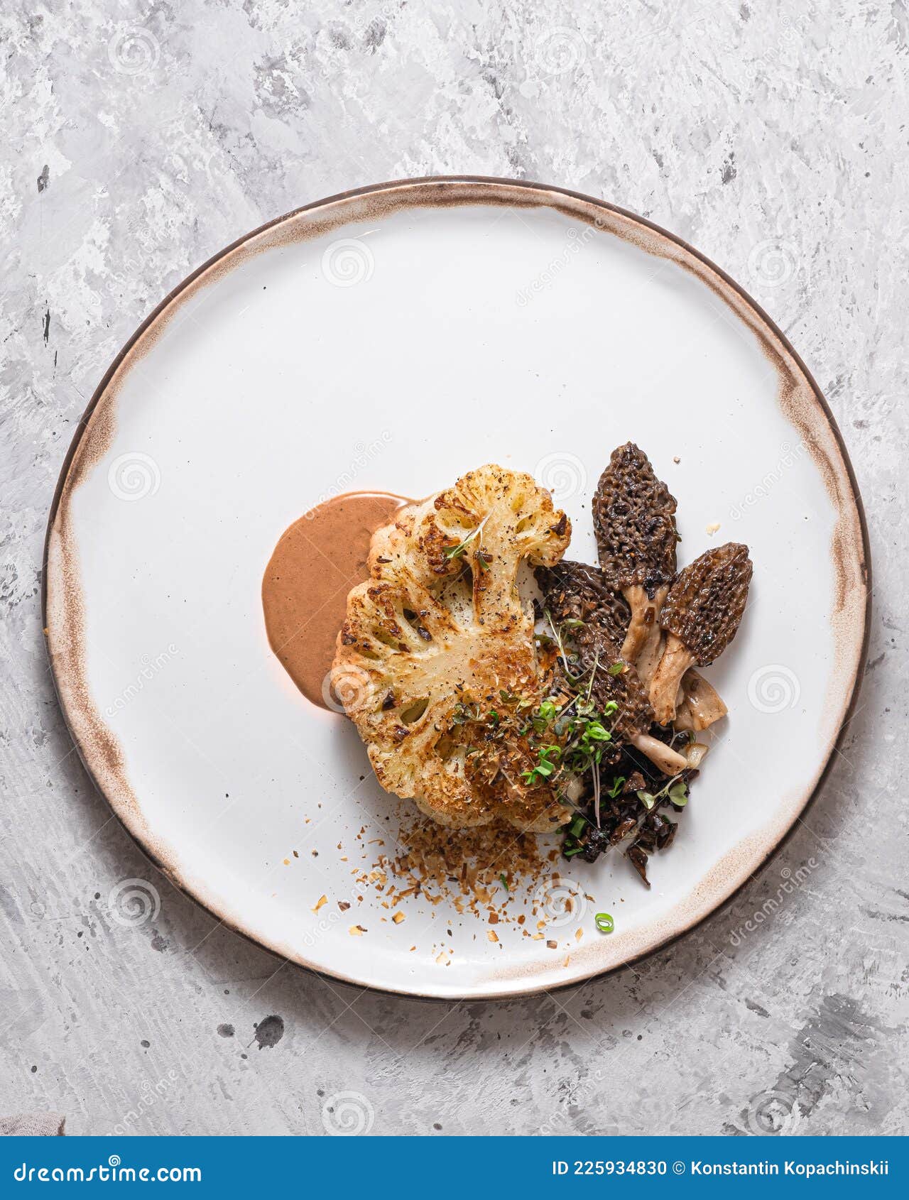 Cauliflower Steak with Morels on Plate, Restaurant Dish, Copy Space