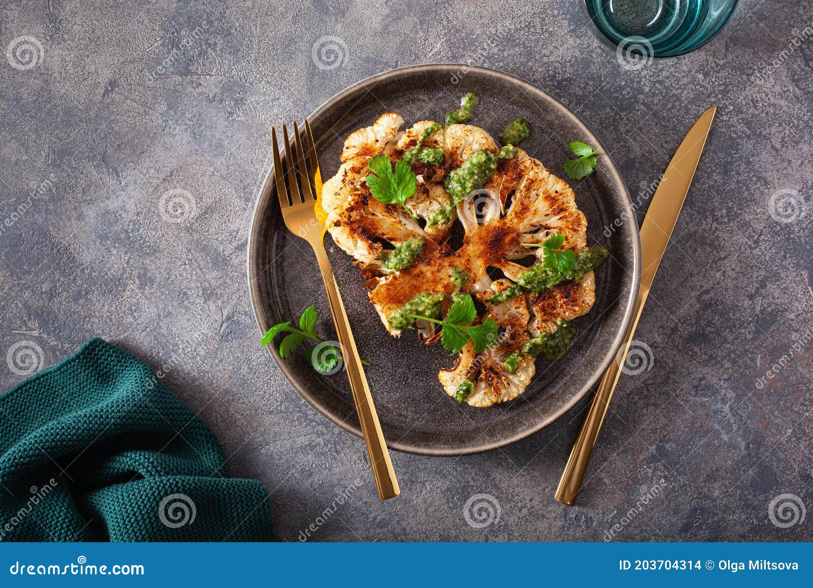 Cauliflower Steaks with Herb Sauce and Spice. Plant Based Meat