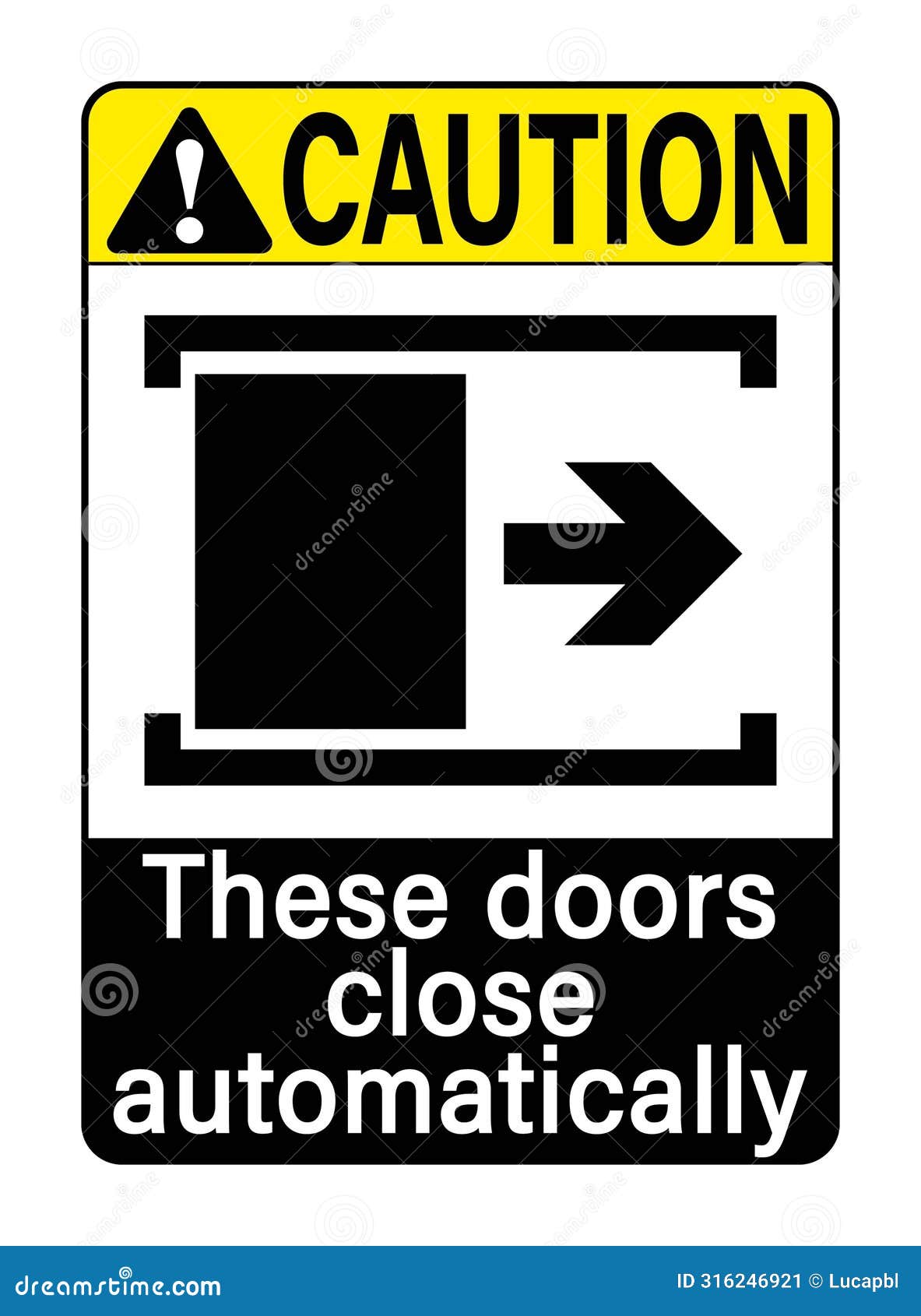 caution these doors close automatically. warning sign with  and text