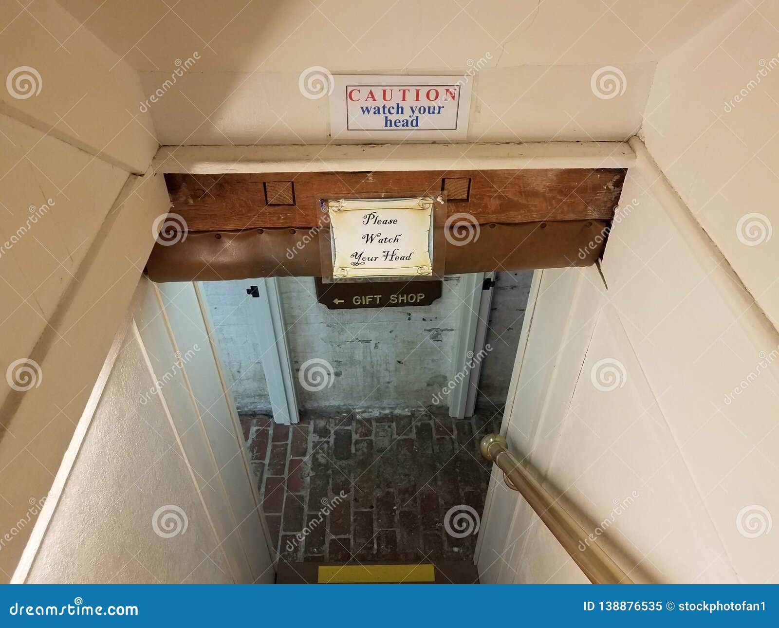 Caution Please Watch Your Head And Gift Shop Signs On Stairs Stock Image Image Of Please Head