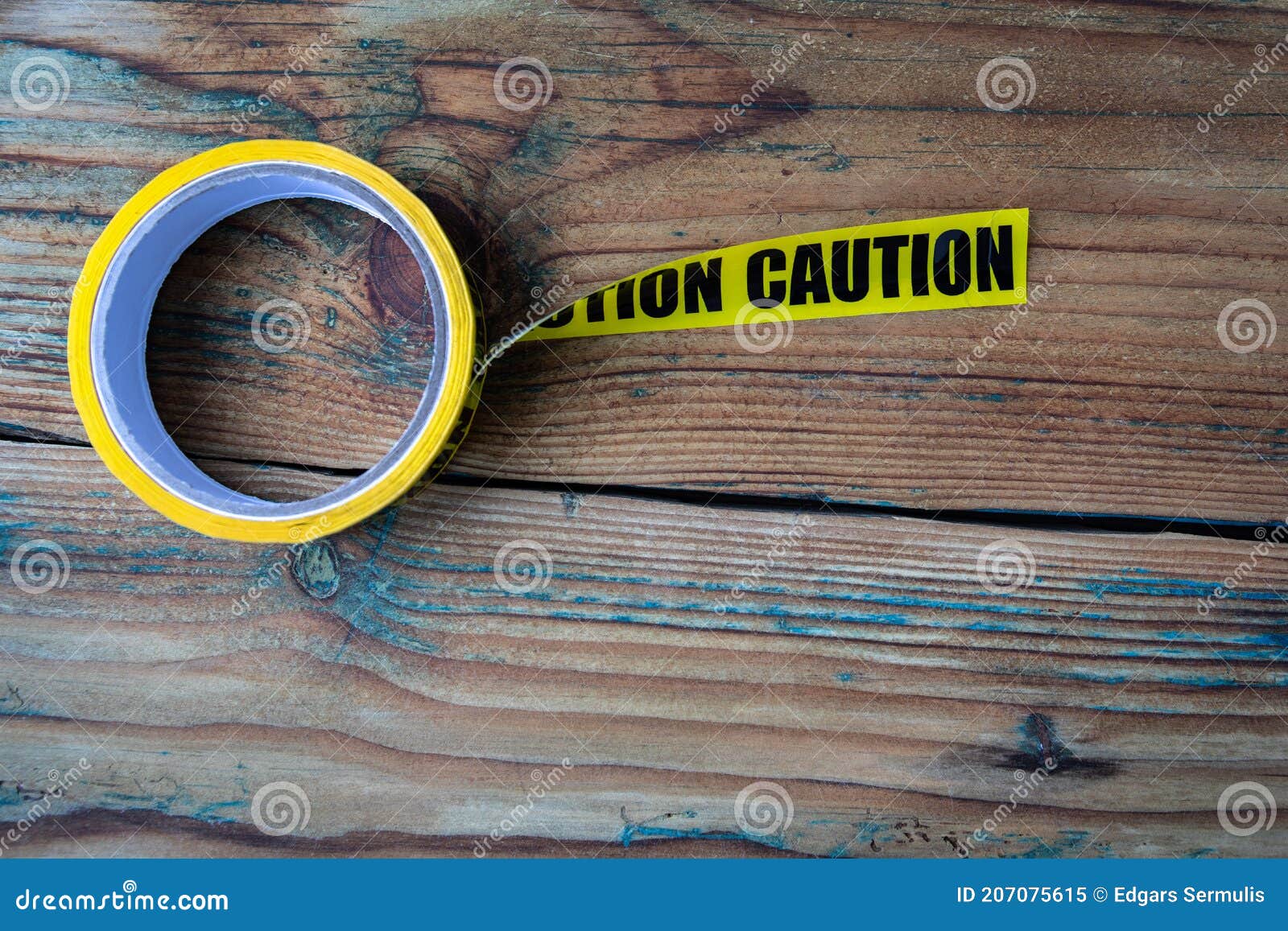 Caution Tape on a Wooden Texture Table Stock Image Image of investigation, risk 207075615