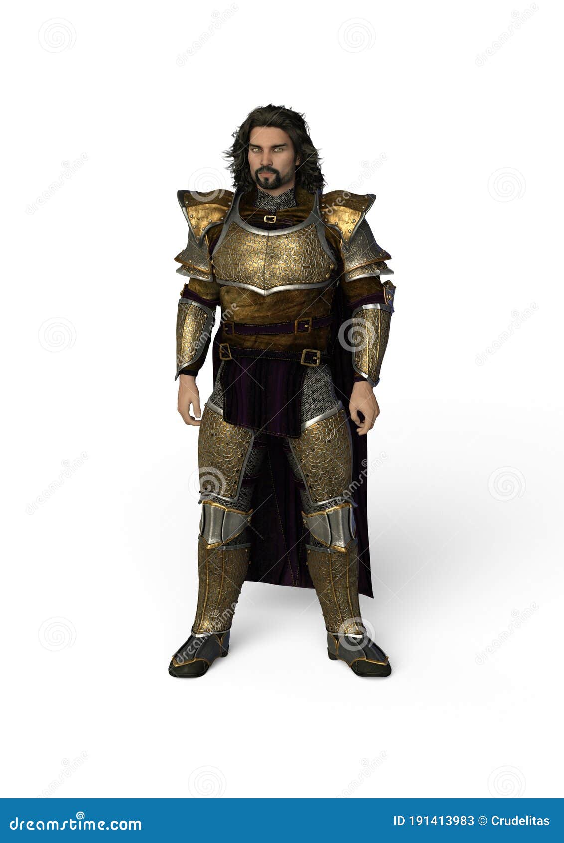 Um cavaleiro em uma armadura dourada fica na floresta