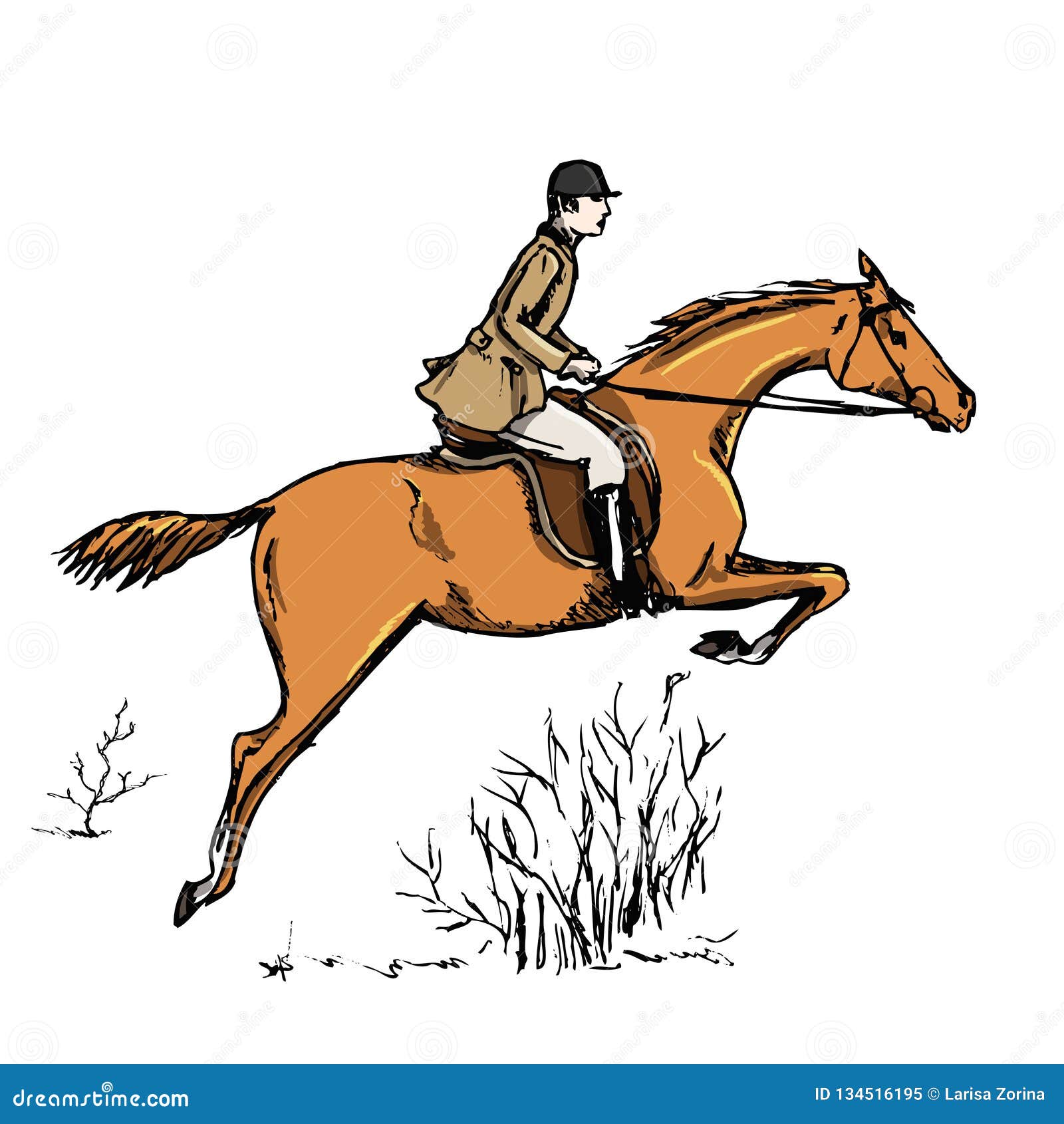Cavaleiro aquarela e cavalo, saltando um obstáculo na floresta em