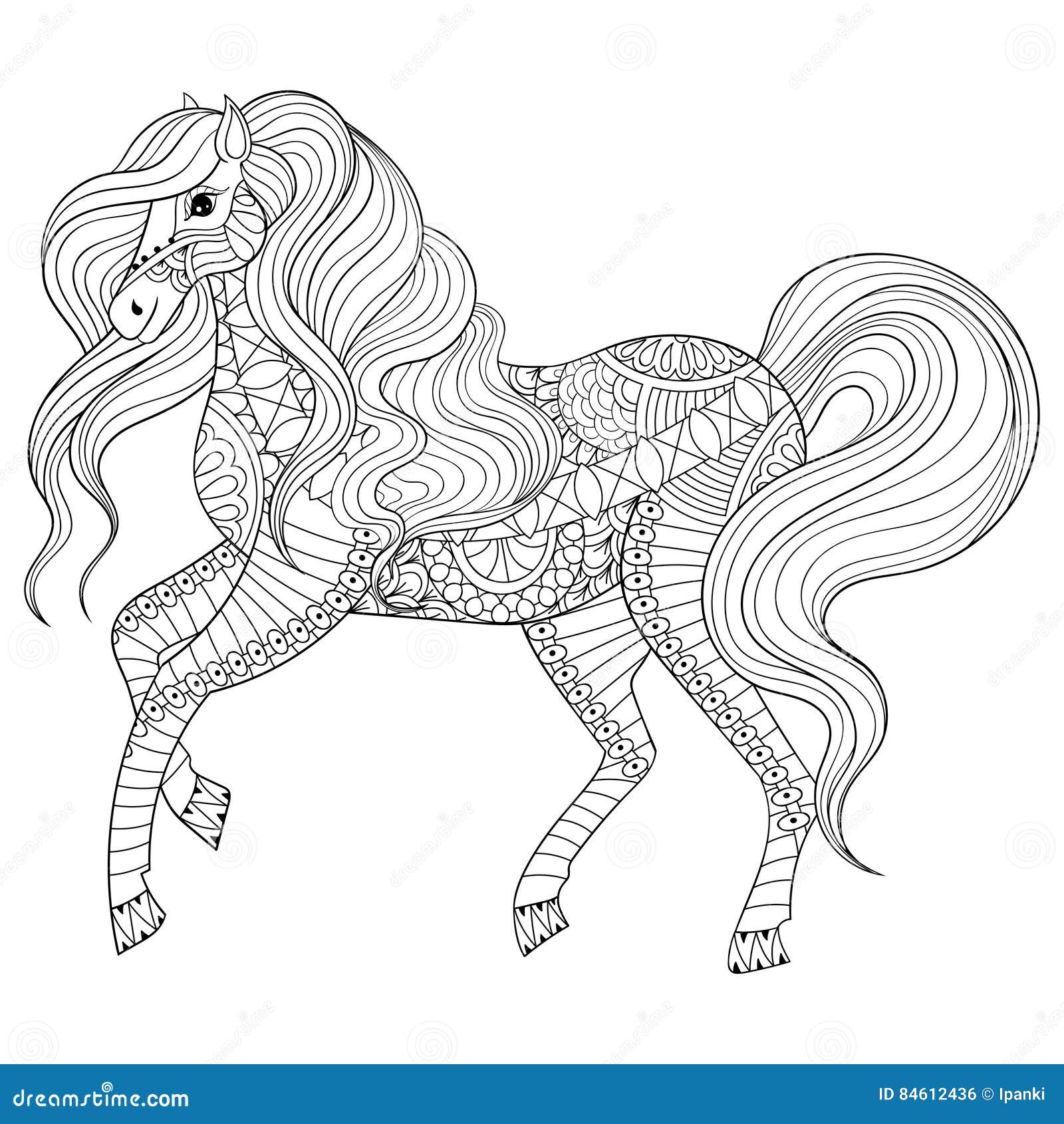 Cavallo disegnato a mano dello zentangle per la pagina adulta di coloritura terapia di arte