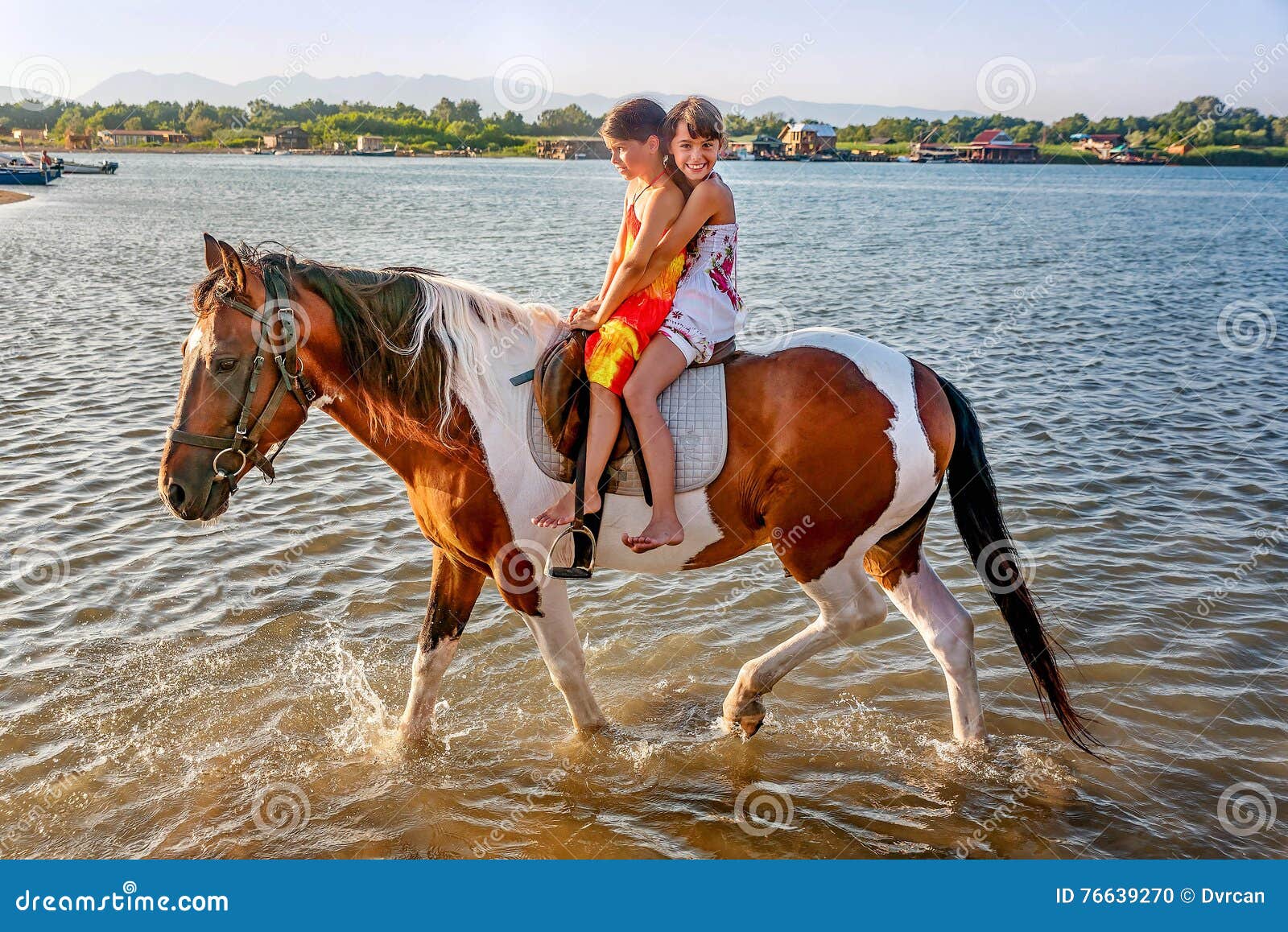 Cavalo De Equitação De Duas Meninas No Verão Em Ada Bojana, Monte Foto de  Stock - Imagem de meninas, povos: 76639270