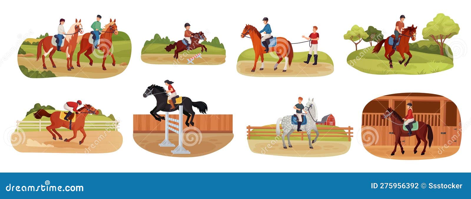 eventos equestres. ilustração de um cavalo com um cavaleiro pulando a  barreira das cabanas de madeira. um cavaleiro em um cavalo salta sobre um  obstáculo contra uma ilustração vetorial plana de nuvem