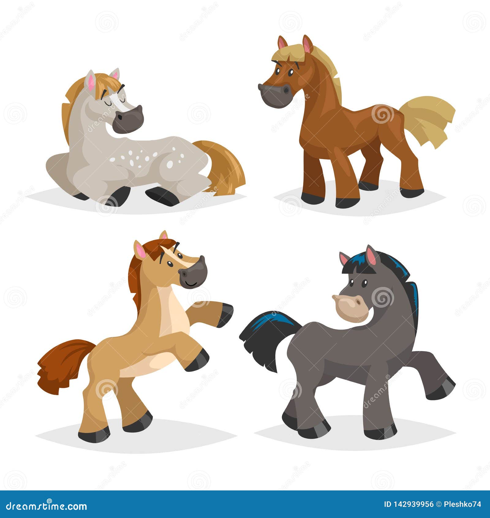 Cute Horses in Various Poses. Cartoon Style Farm Animals. Different Colors  and Breeds Ilustração do Vetor - Ilustração de liso, fofofo: 142939956