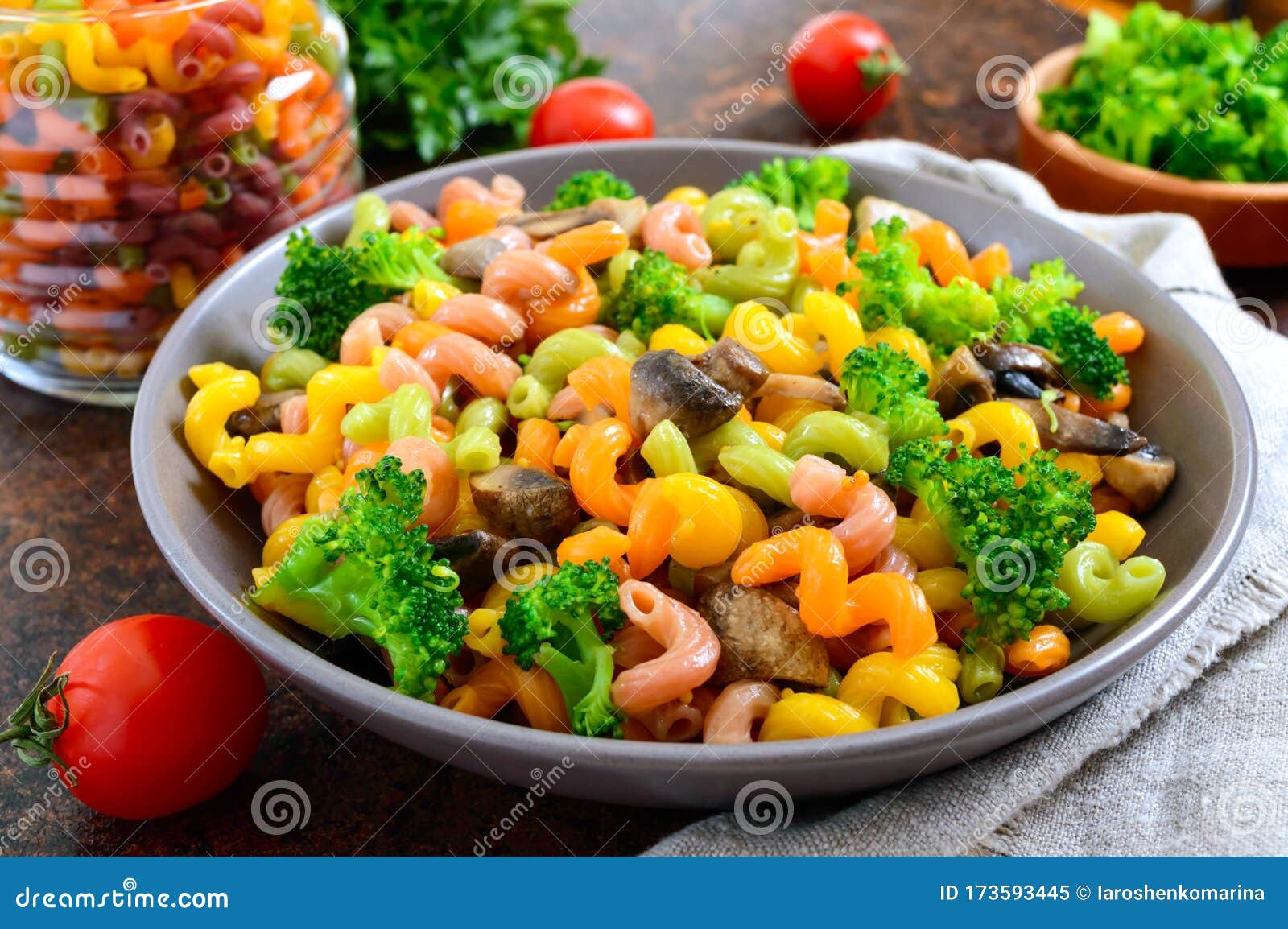Cavatappi Colored Pasta with Broccoli and Mushrooms. Pasta Colorata