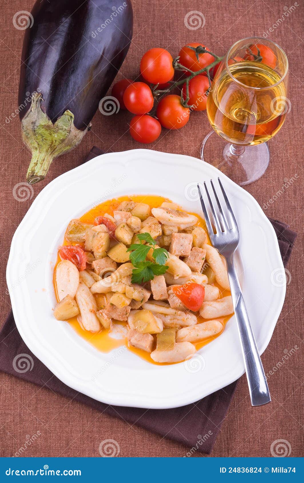 Cavatelli with Swordfish and Eggplant. Stock Photo Image of