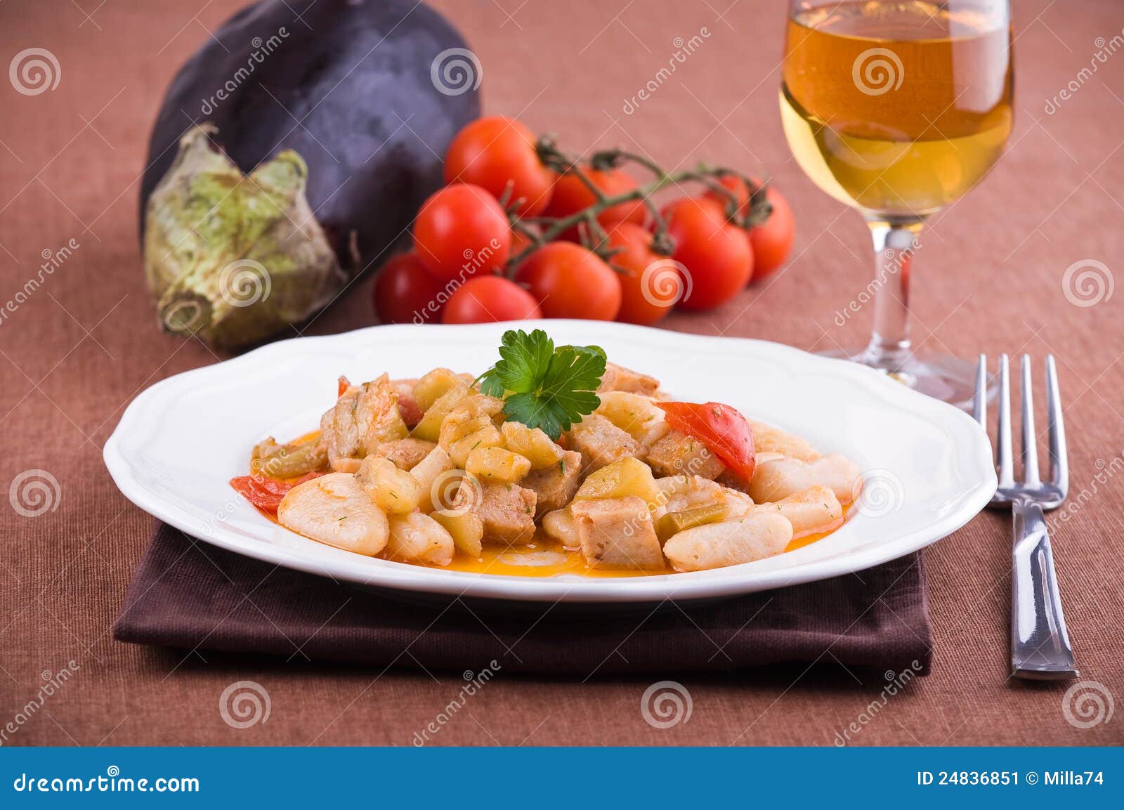 Cavatelli with Swordfish and Eggplant. Stock Image Image of glass