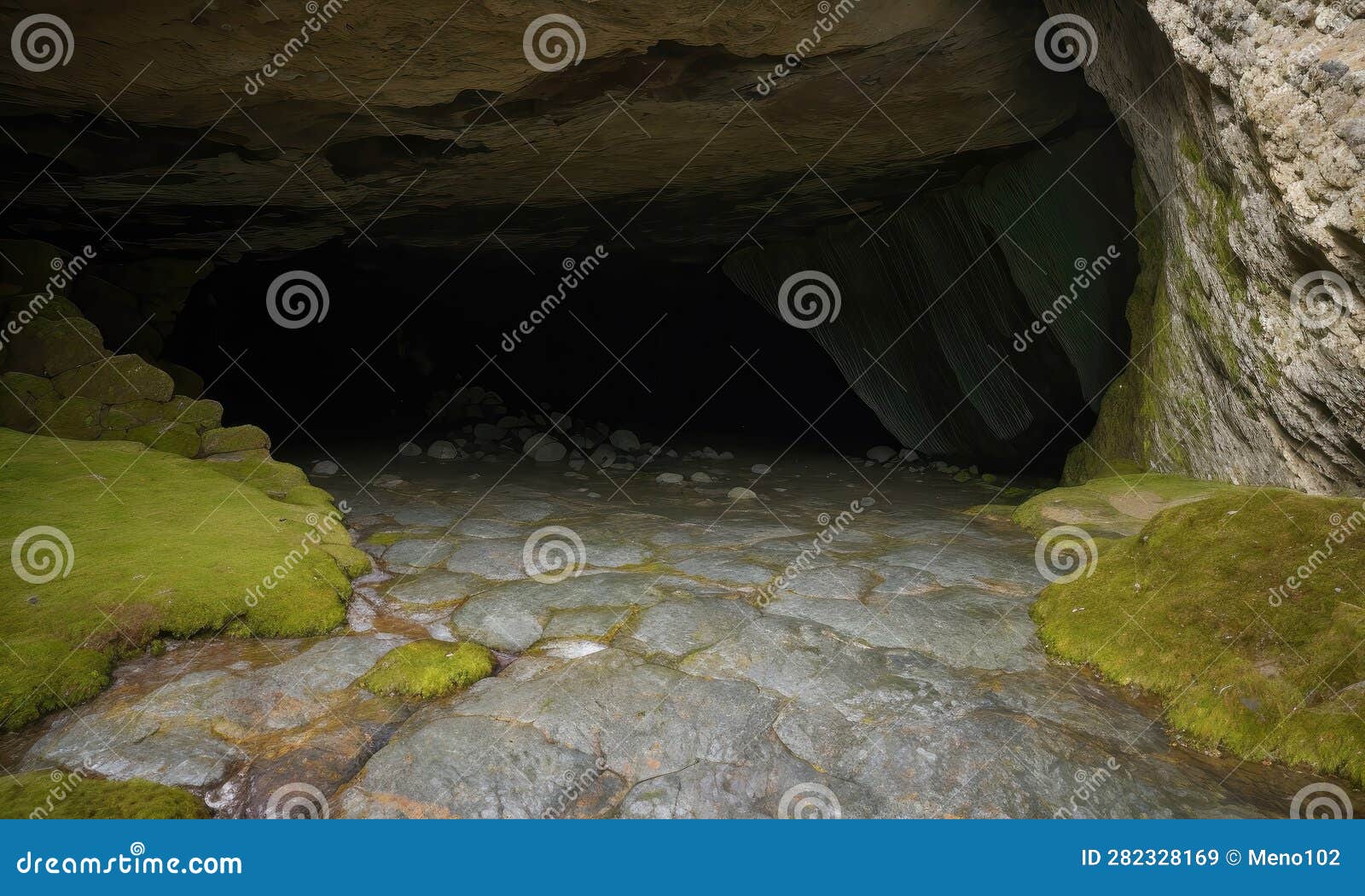 A Cave Entrance with Moss Growing on the Rocks Stock Illustration