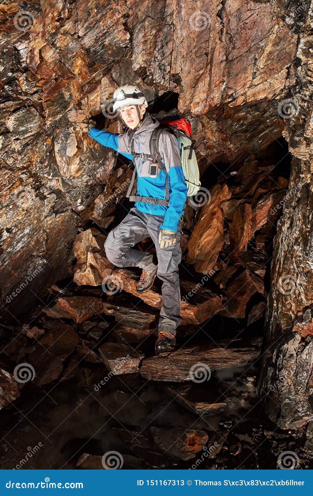 Cave Exploration with Helmet and Headlight Stock Image Image of