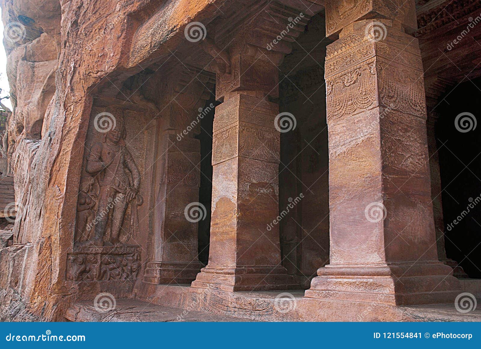 cave 2 : facade, right side view. badami caves, karnataka, india. depicting carvings of dwarfish ganas, with bovine and equine hea