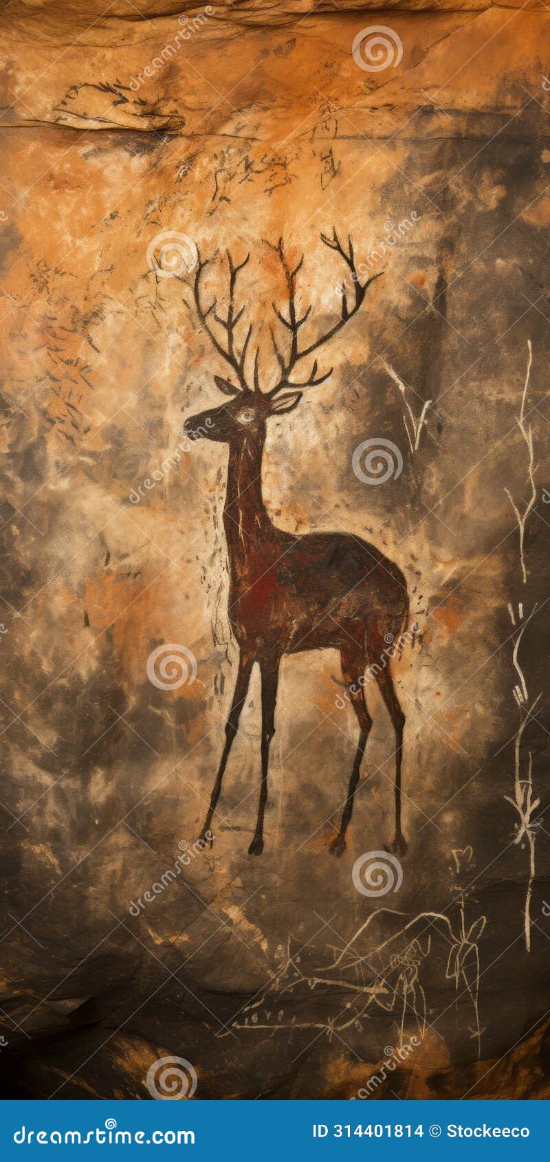 bronze and orange deer painting on distressed cave wall