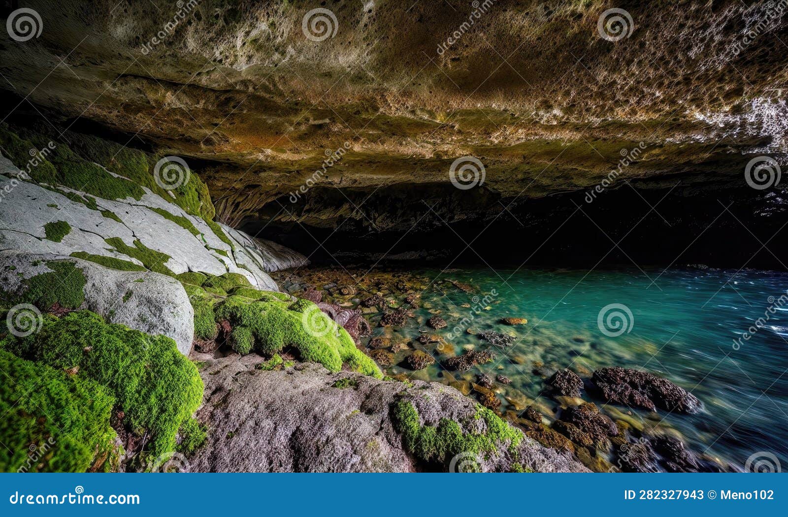 A Cave with Water and Moss Growing on the Rocks Stock Illustration