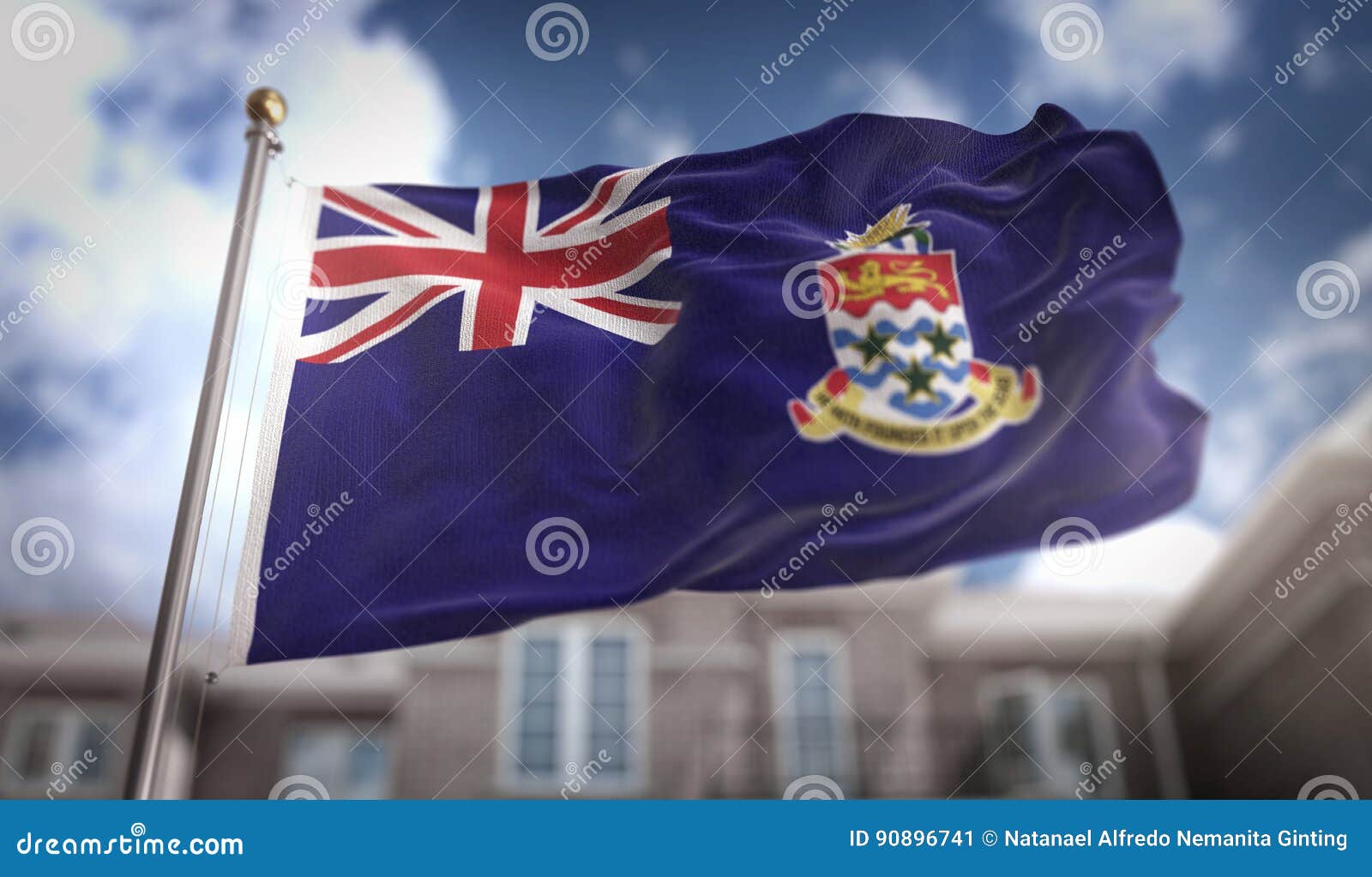 cayman islands flag 3d rendering on blue sky building background
