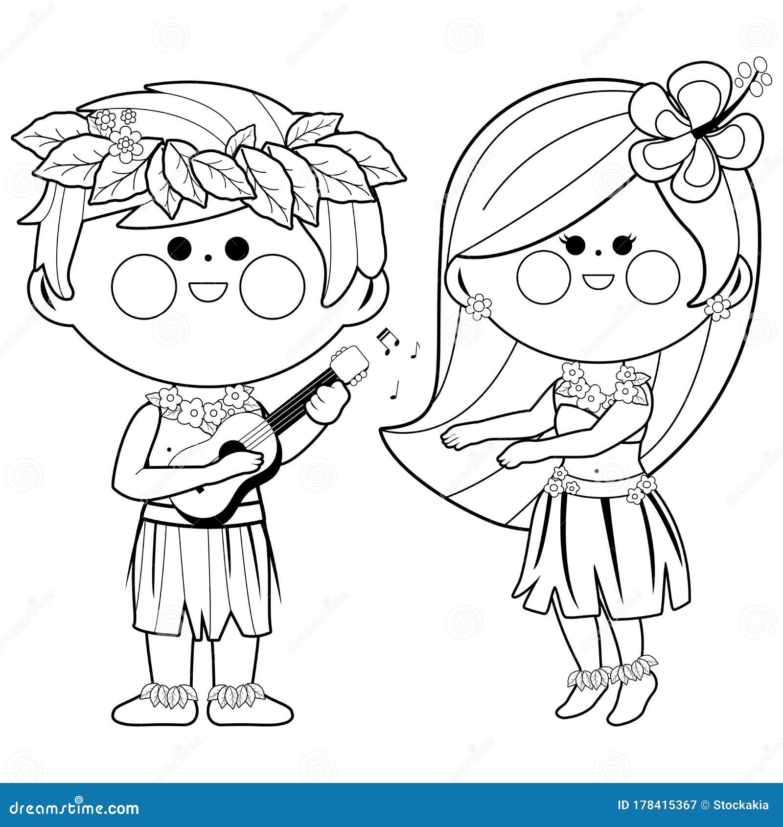 Download Hawaiian Children Playing Music And Hula Dancing. Vector Black And White Coloring Page Stock ...