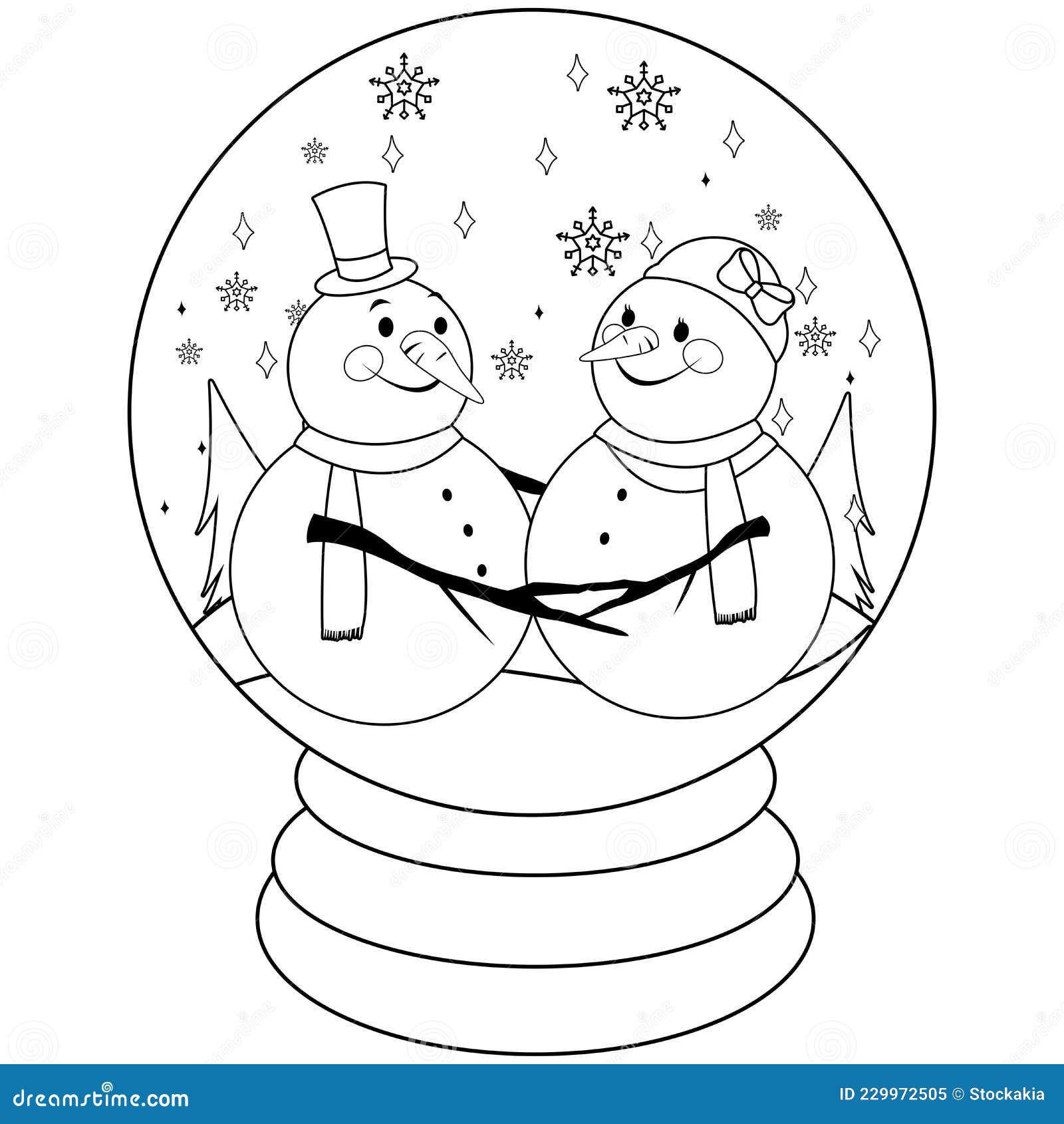 Cute Snowmen Inside A Snow Globe. Vector Black And White Coloring Page