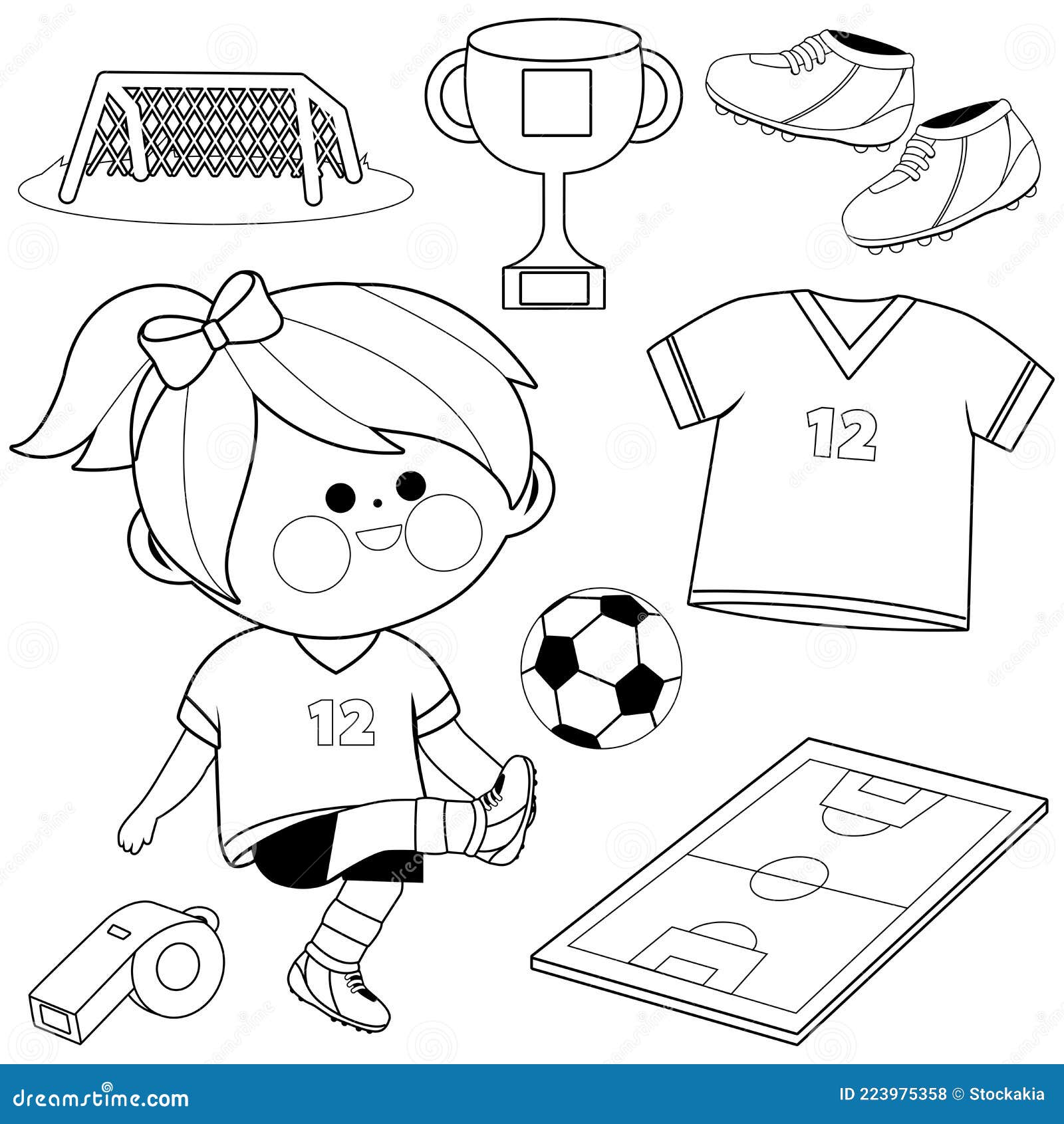 Little Girl Playing Soccer. Vector Black and White Coloring Page Stock ...