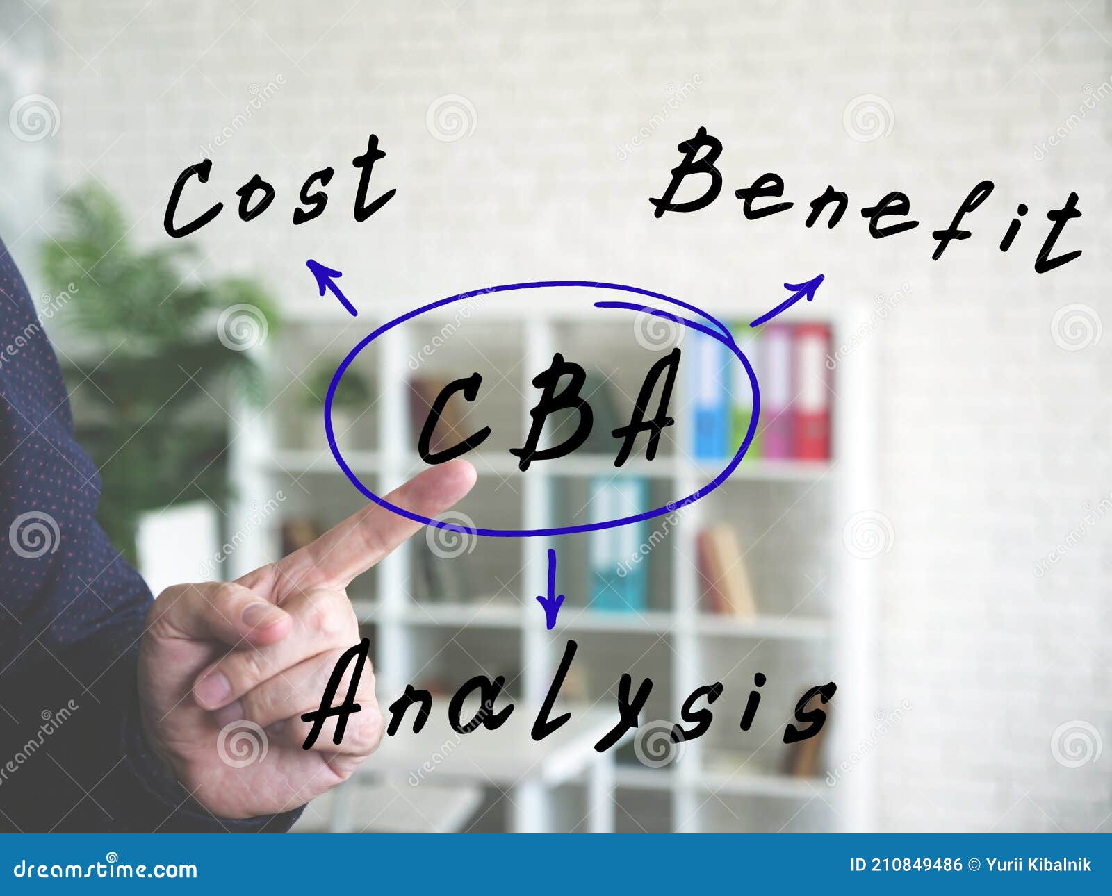 cba cost benefit analysis on concept photo. businessman hand point finger on an background