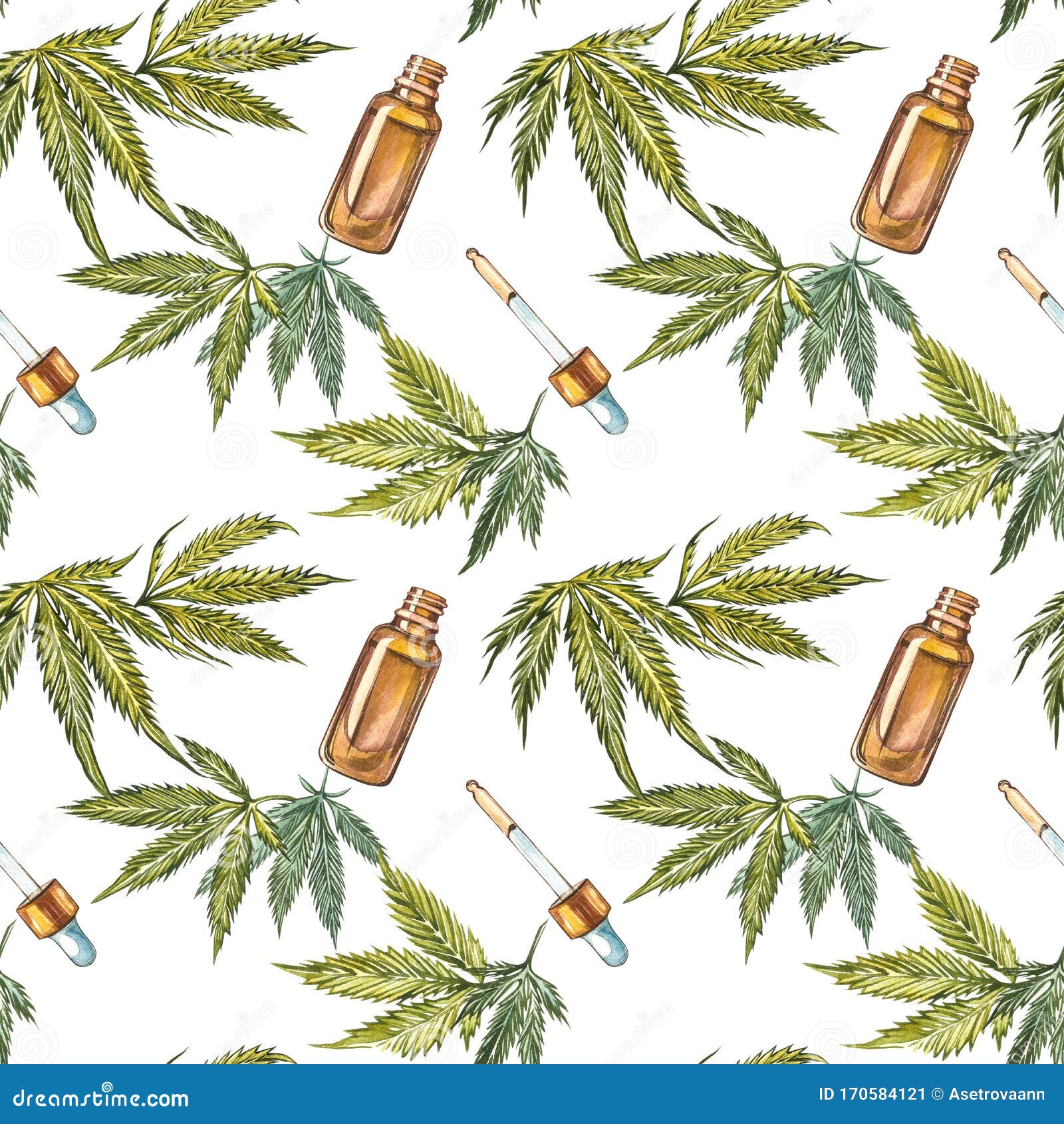 CBD Oil Hemp Products. Watercolor Illustration on White Background. Set
