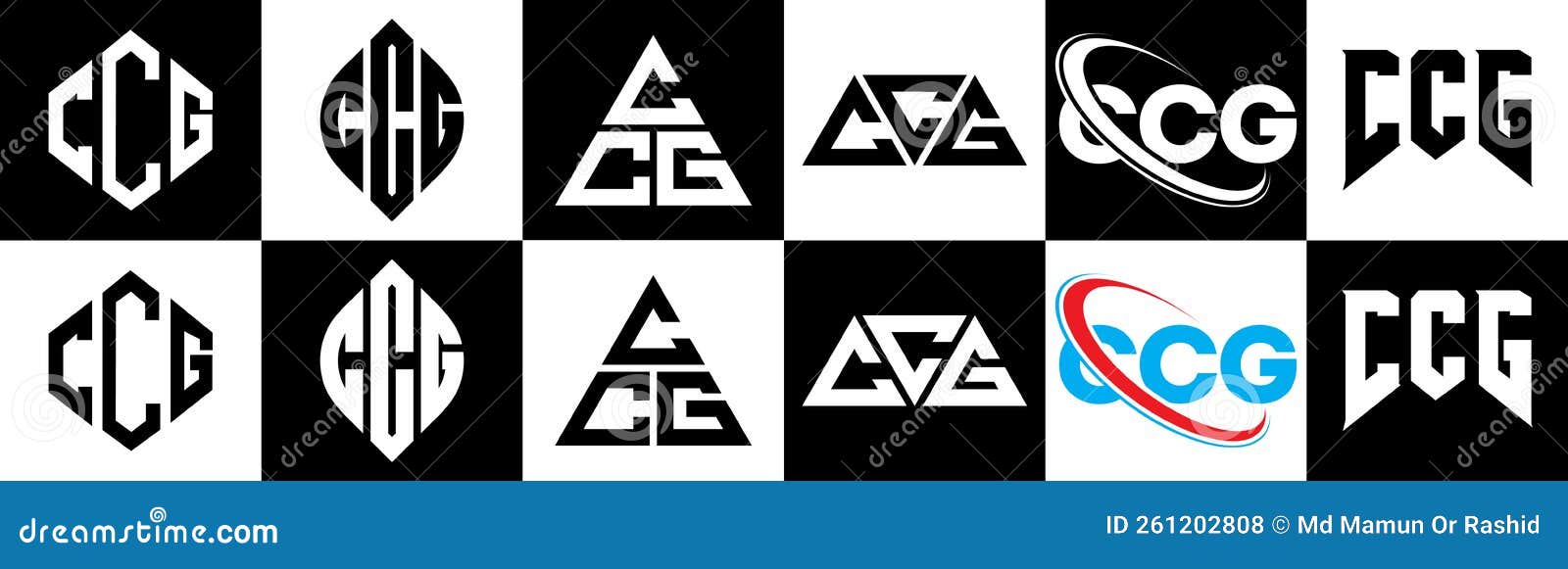 ccg letter logo  in six style. ccg polygon, circle, triangle, hexagon, flat and simple style with black and white color