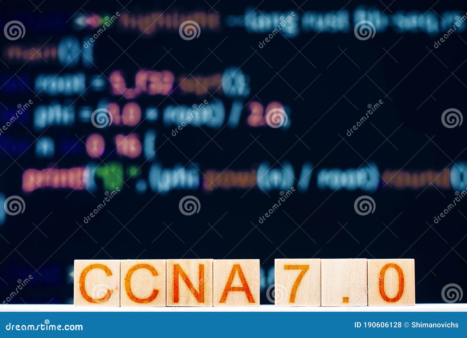 ccna 7.0 concept. wooden blocks labeled ccna 7.0 cisco certified network associate and program code in the background.