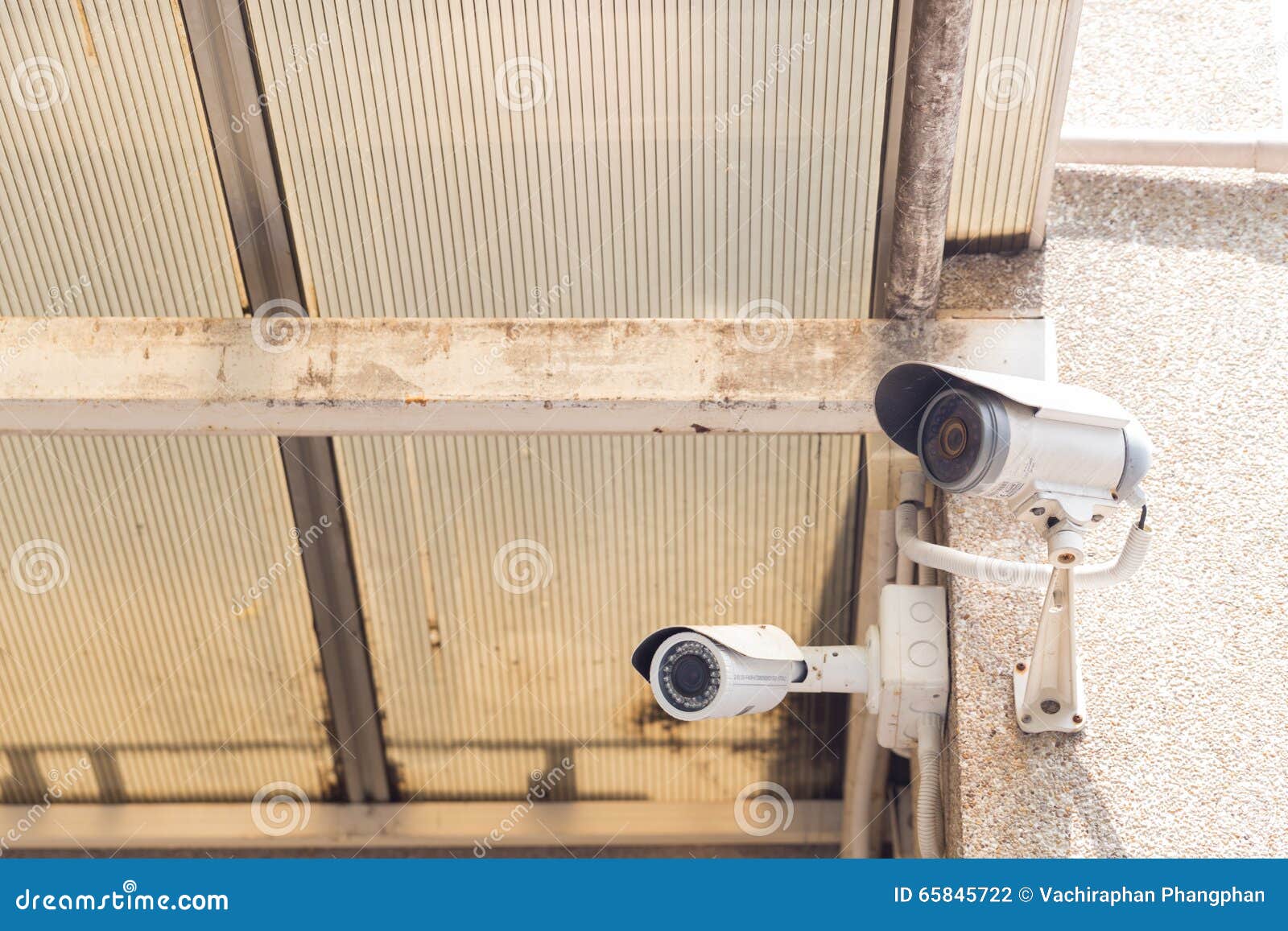 Cctv Camera Mounted On The Ceiling And Wall Stock Photo Image