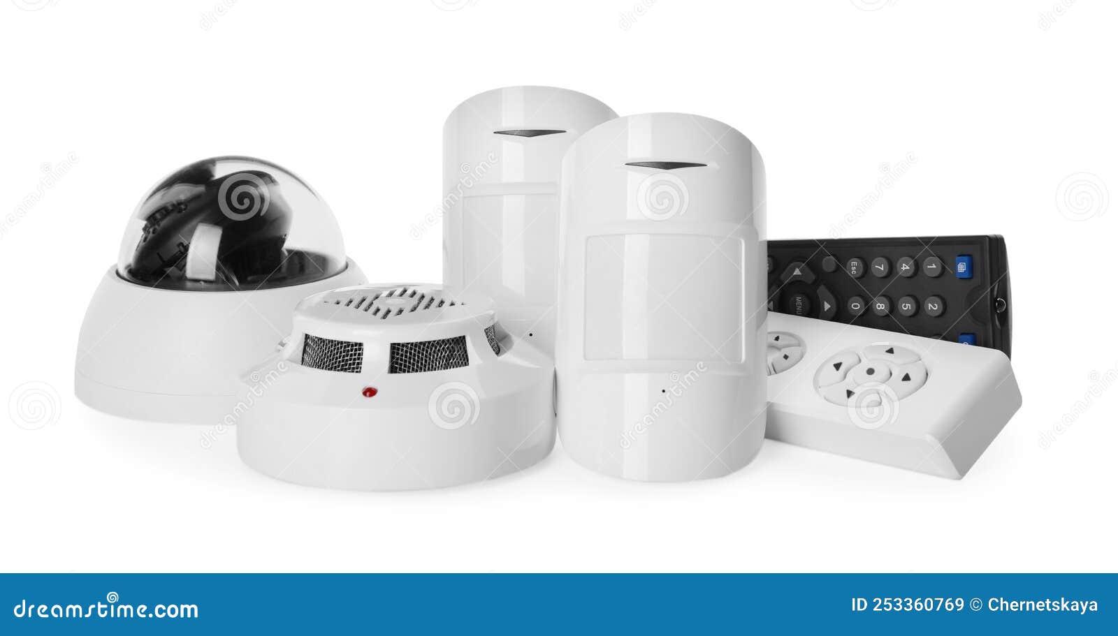 CCTV Camera, Remote Controls, Smoke and Movement Detectors on White