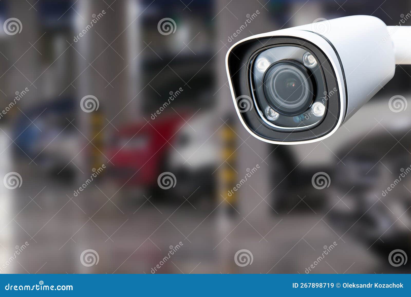CCTV Camera in Underground Parking Garage. Copy Space. Stock Image