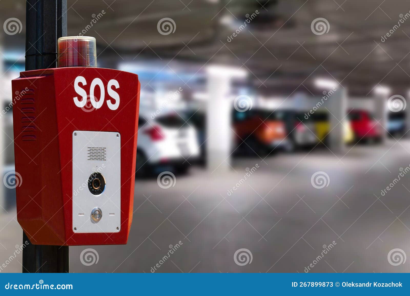 CCTV Security Camera on Blur Car Parking.Parking Security System. Stock