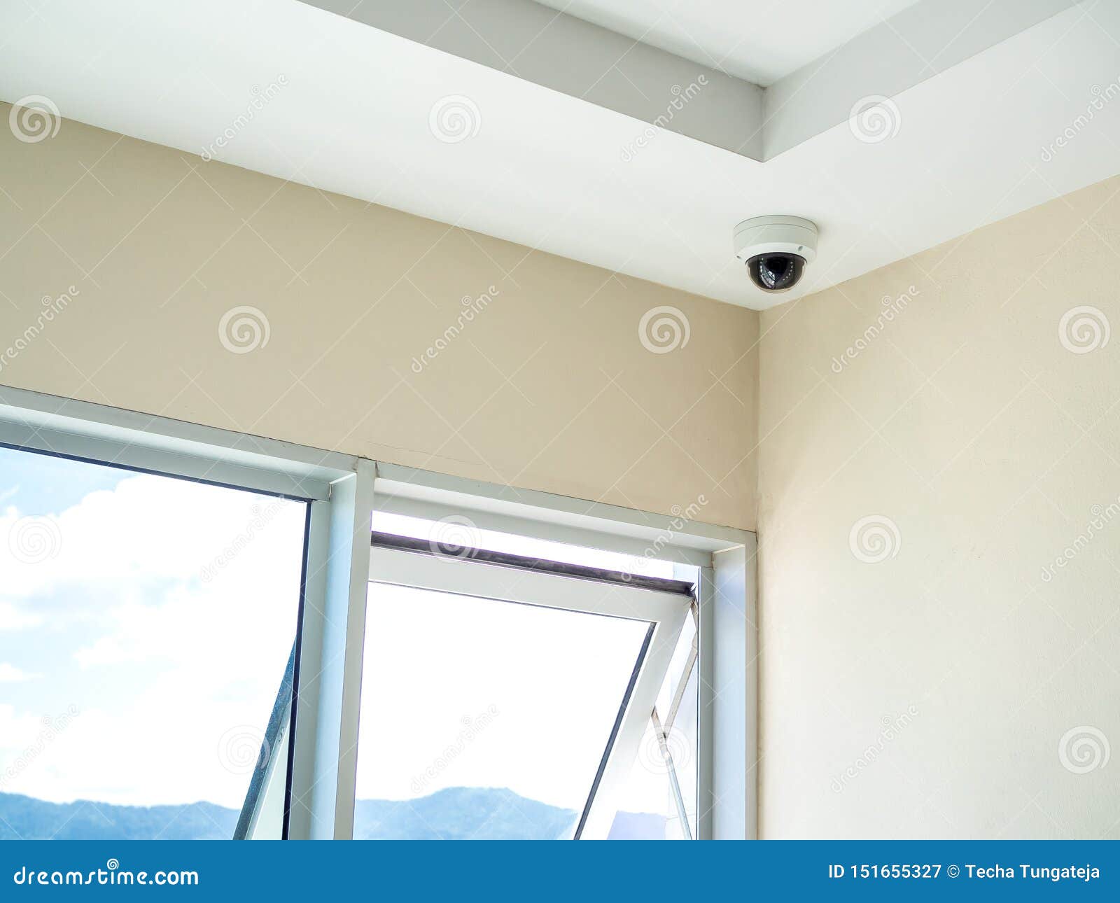 Cctv System Security Round Cctv Camera On Ceiling In The Corner