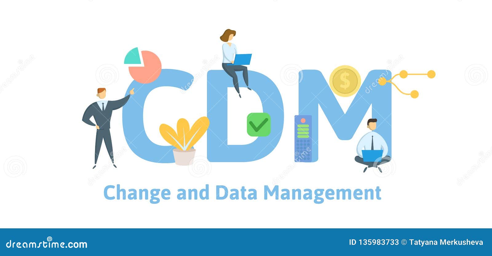 cdm, change and data management. concept with keywords, letters and icons. flat  .  on white