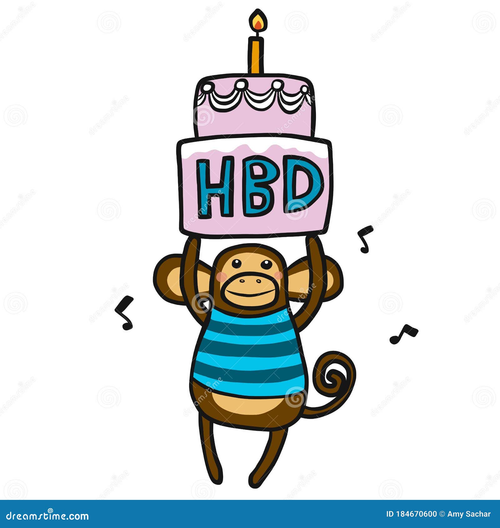 monkey boy with big birthday cake cartoon  doodle style